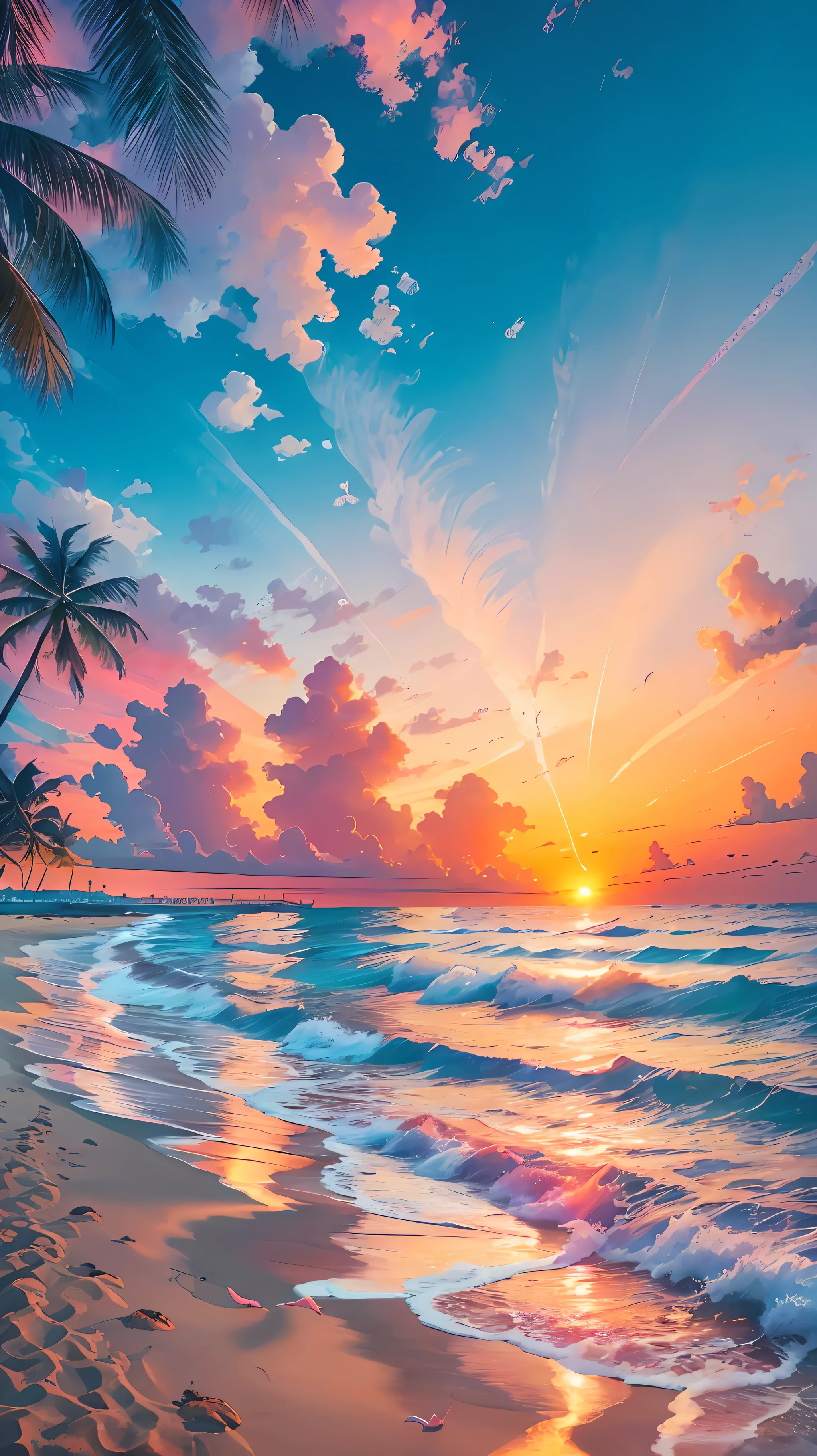 Absolutely mesmerizing sunset on the beach with a mix of oranges, pinks and yellows in the sky. The water is crystal clear, gently kissing the shore, and the white sand is endless. The scenes are action-packed and breathtaking, with seagulls soaring high in the sky and palm trees swaying gently. Immerse yourself in the calm atmosphere and let the serenity surround you. --auto --s2