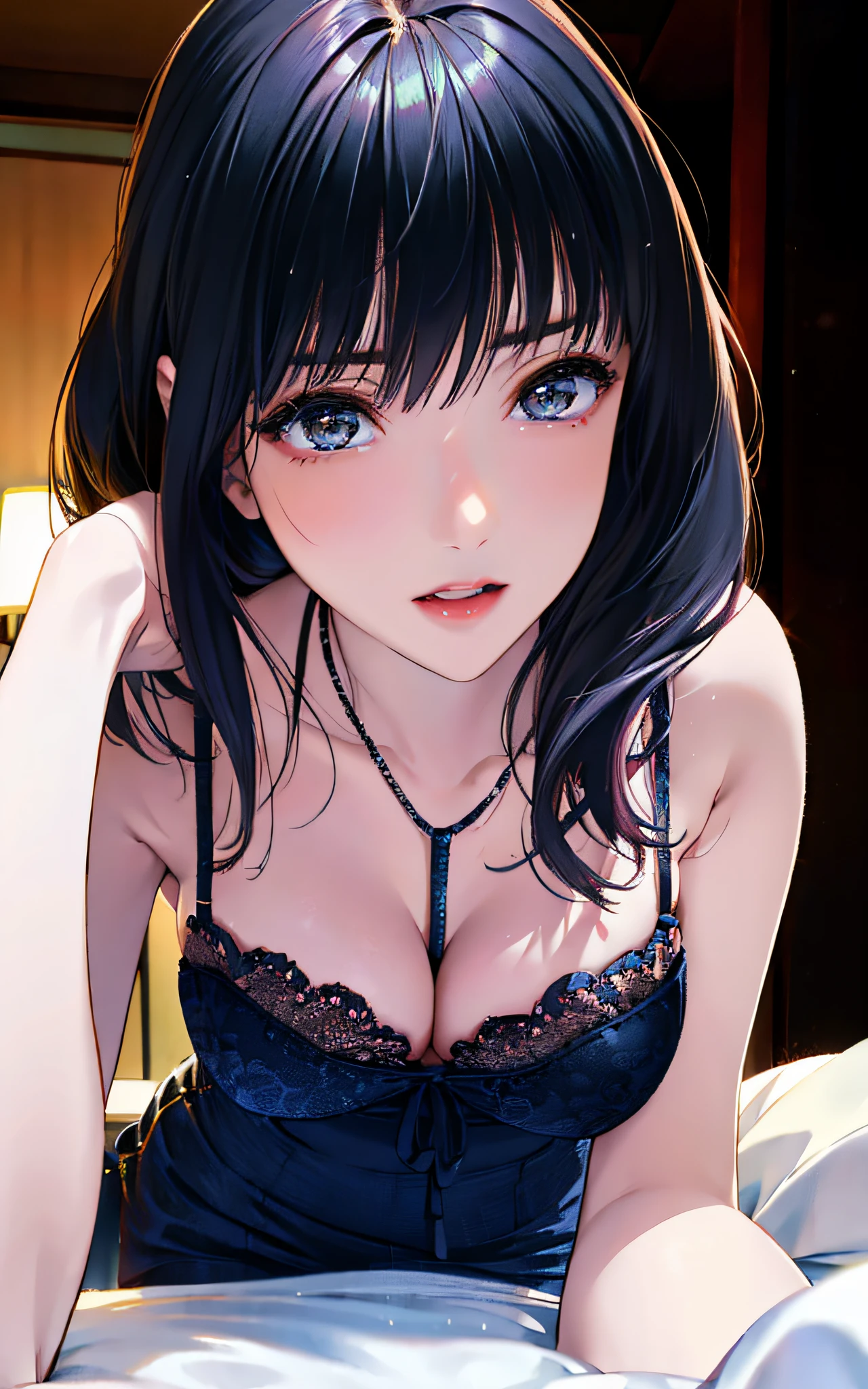 Superb, Ultra High Quality, (Realistic, Photorealistic), Instagram (Photorealistic, High Resolution: 1.4), Beauty, Japan Person, (Beautiful Face: 1.4), (Big, Slender, Constricted Waist), Medium Hair, On Bed, Bokeh, Beautiful Light, Glossy Skin, Small Head, Full Body, Flashy Black Lace Lingerie, Bewitching, Sexy Pose, Solo