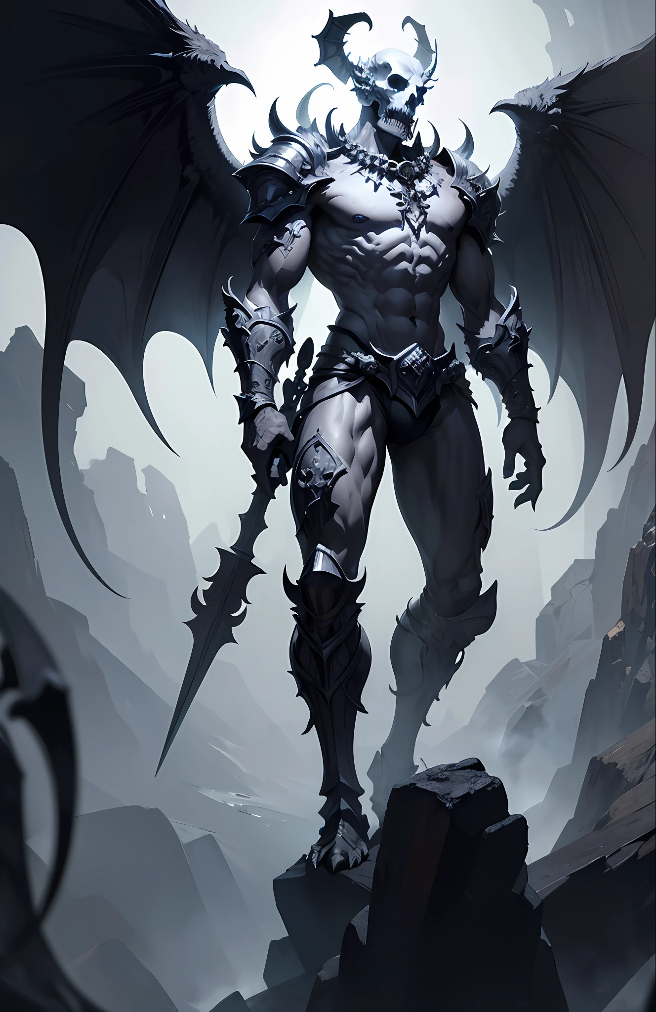 (Very detailed 8K wallpaper), a full-body photo of a terrifying undead gray gargoyle necromancer with a mace with a skull in his left hand and a shield in his right hand, 2 wings, intricate, detailed, dramatic, burly, handsome, gray-haired, religious