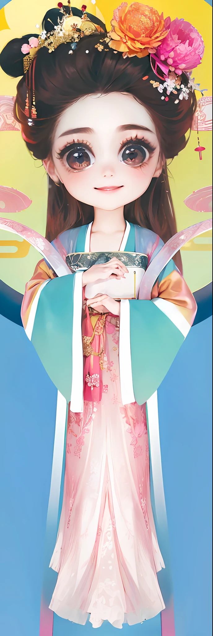 Superb Style, Masterpiece, High Resolution, (Exquisite Body: 1.5), Stunning Beauty, (Milky Skin: 1.3), Delicate Details, High Resolution, Wallpaper, 1 Woman, Solo, Dress, Hair Accessories, (((Golden Red Dress)), Flower, Long Hair, Brown Hair, Smile, Accessories, Long Sleeves, Raised Hands, Wide Sleeves, Beautiful Big Eyes, Flowing Hair, Hanfu, (((Hanfu, Embroidery, Pink Transparent Scarf))), Long Skirt, Natural Pose, Falling Petals, Chang'e, Background Moon, Ancient Chinese City Tower Glowing, Fanning, Lantern, 16K, HDR, High Resolution, Depth of Field, (Film Grain: 1.1), Bocon, Primetime, (Lens Hare), Vignette, Rainbow, (Grading: 1.5), ((((Smile, Natural Expression))))), (((Charming Big Eyes))), (((Sweet Smile))), (((Hair Clearly Visible)))