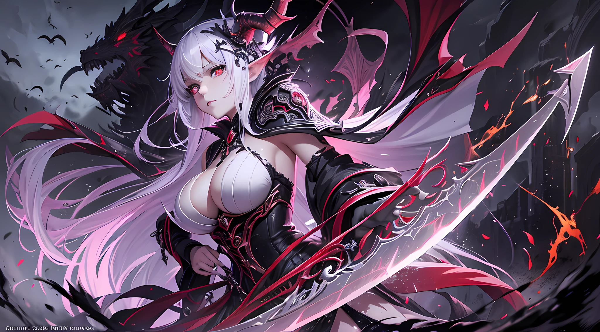 anime, woman with dragon and bloody sword, white-horned demon queen, sinister fantasy illustration, medieval, dark fantasy art, dark fantasy horror art, demonic anime girl, angelic knight gothic girl, gothic fantasy art, dark fantasy artwork, beautiful elegant demon queen, dark fantasy art, epic fantasy digital art style, demoness, anime epic work Art