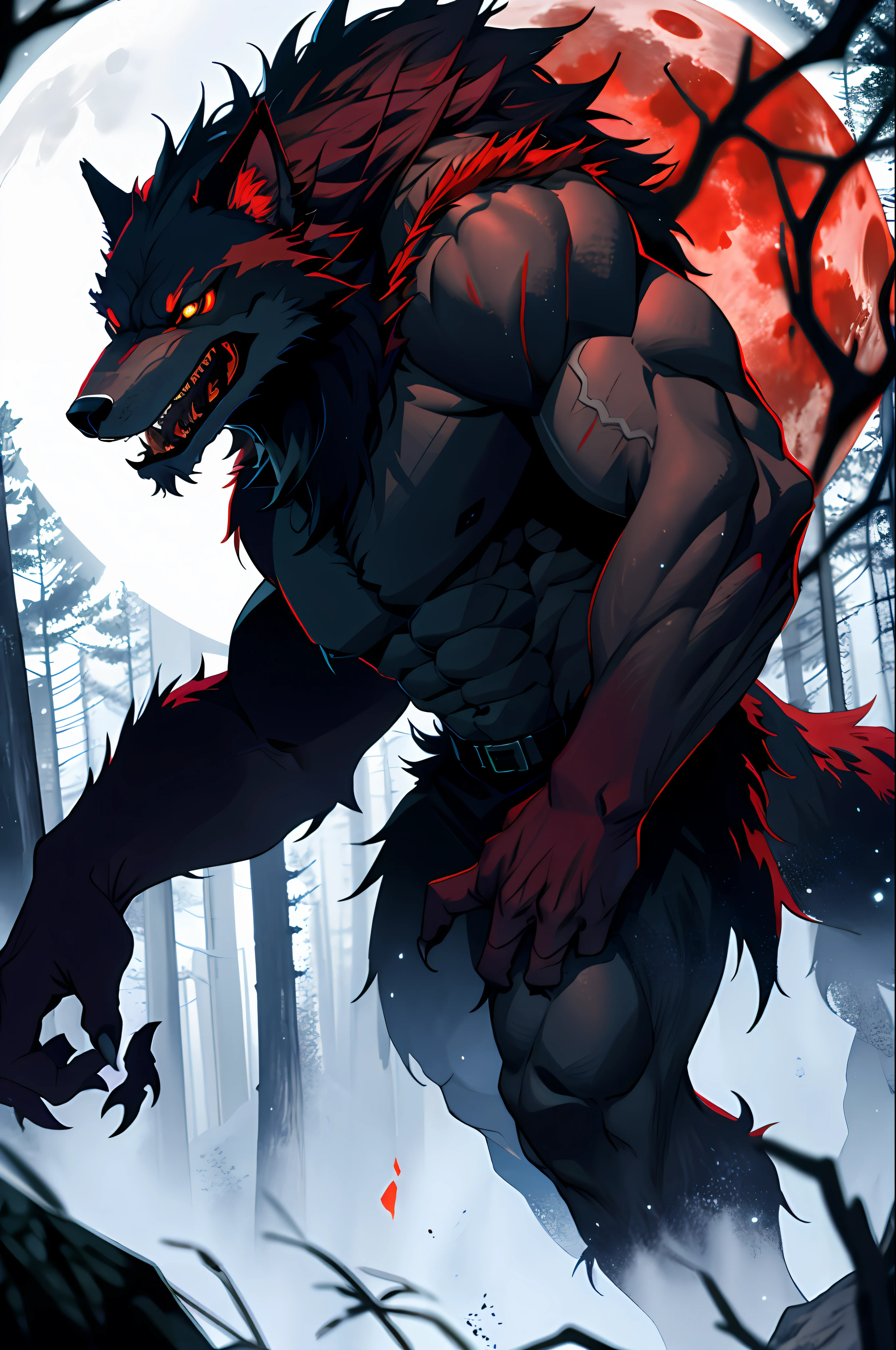 Monstrous red werewolf with fierce face, rage, ferocious, frenesi, mystical forest background, night, red full moon, darkness
