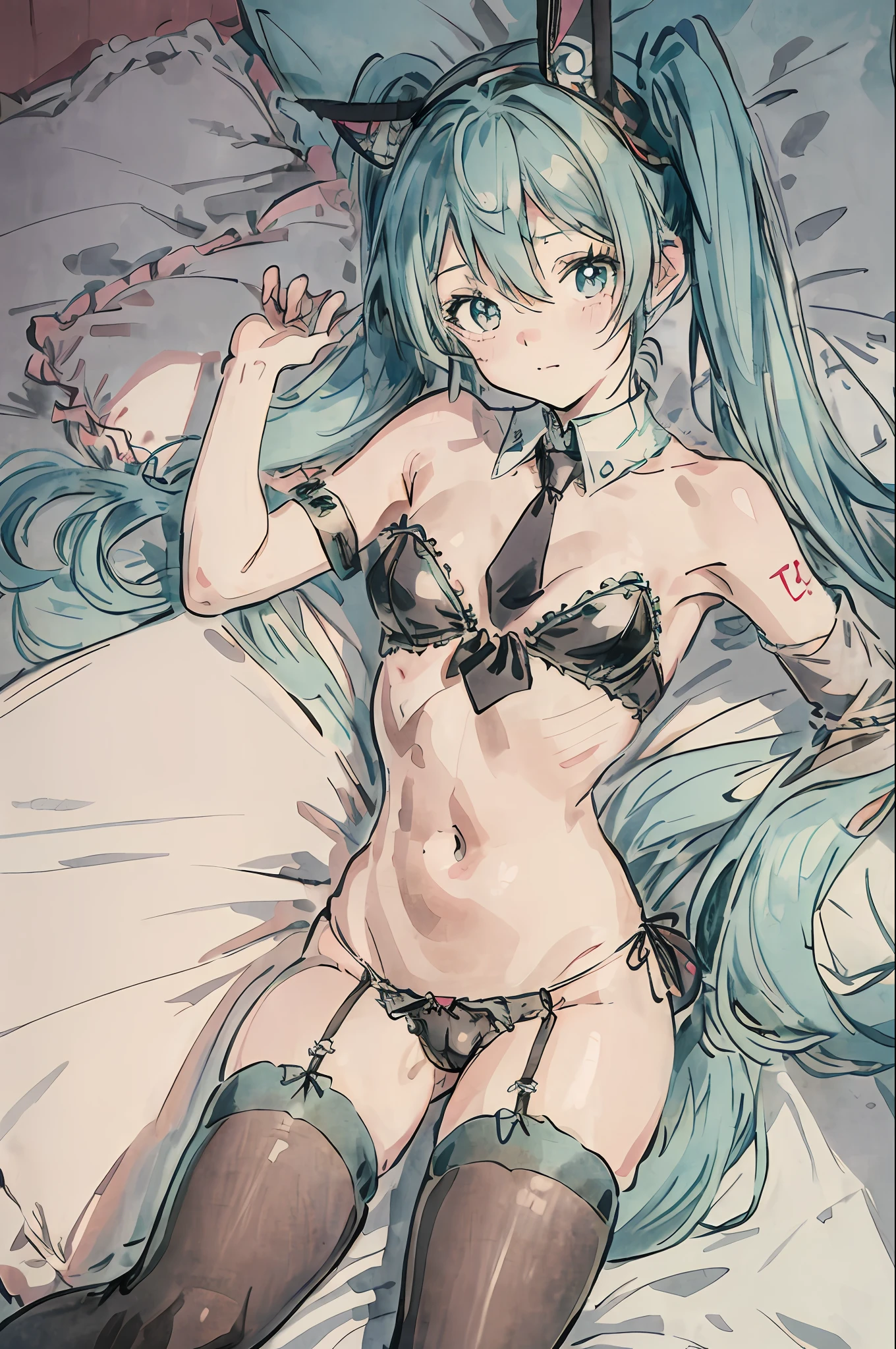 the cute and young anime girl is in a bed with a teddy, 1girl, solo, hatsune miku, skirt, thighhighs, long hair, lying, on back, navel, twintails, garter straps, necktie, animal ears, detached sleeves, underwear, panties, looking at viewer, breasts, aqua hair, very long hair, pillow