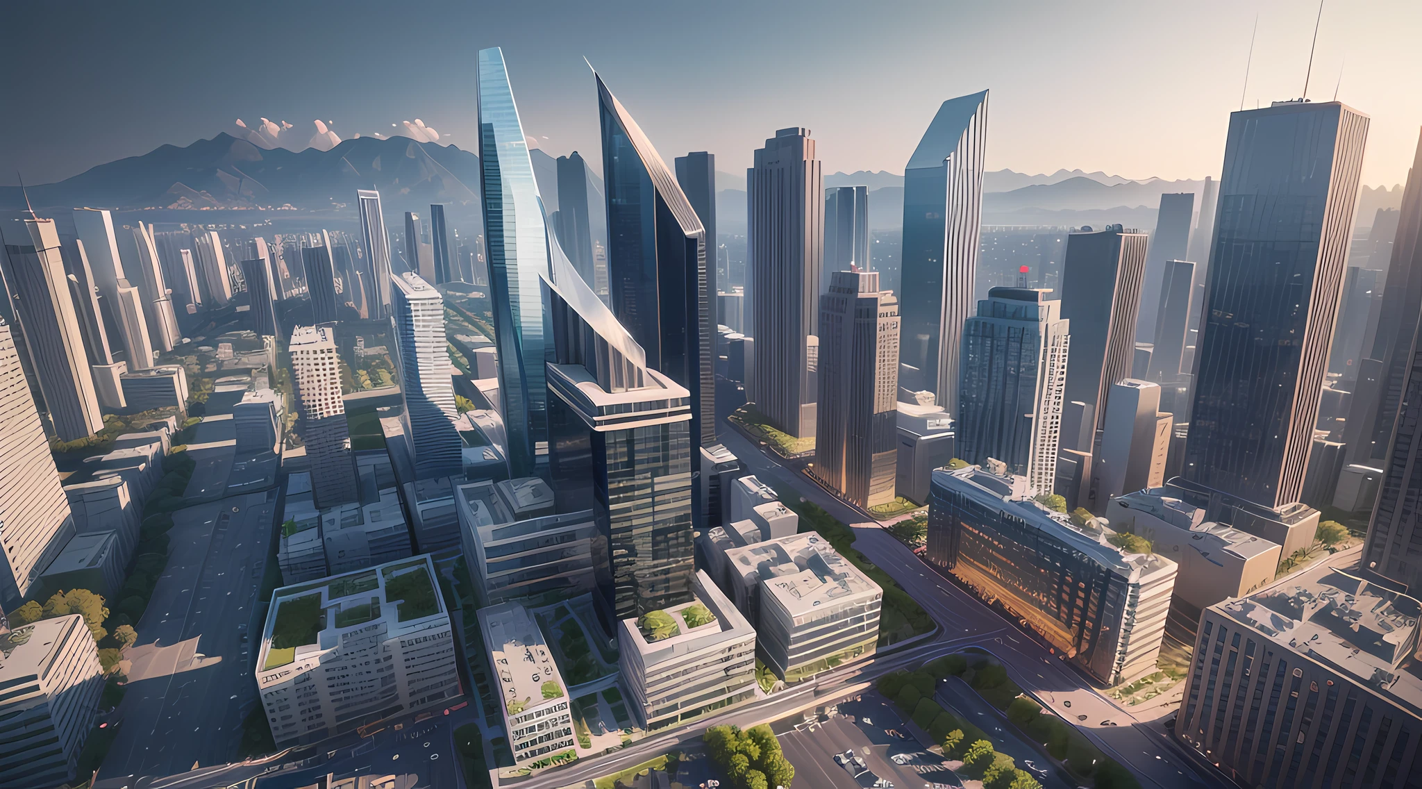 A breathtakingly realistic digital rendering of a city design aerial view, designed by architectural firms such as SOM and OMA, The scene features neatly arranged high-rise buildings in a modern style, with mountains and sea in the distance providing a stunning natural backdrop, The commercial office buildings and commercial complexes are designed to be functional yet stylish, creating a dynamic urban environment, (The lighting is expertly rendered to create a realistic glow), (with a modern cityscape design that features rooftop greenery and neatly arranged street trees), The image is rendered in high definition quality using 3D rendering software, making it a stunning piece of modern urban design,(35mm photography), --auto --s2