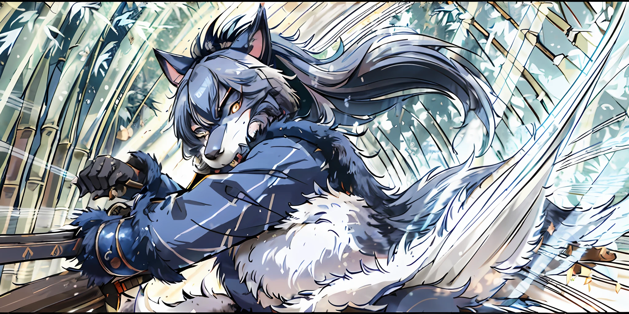 Top quality ultra-fine illustrations, Zatoichi, Blind Swordsman, shuimobysim, Chōjū-jinbutsu-giga, picture scroll(bamboo forest, dark night with beautiful full moon, rays of light through bamboo, backlighting) (beautiful face and eyes with great detail) absurdres perfect anatomy ((Beastman))) (furry, solo focus, Japanese kimono, ninja, samurai, sword with blue flames, battle duels) (furry anthro:1.7) ((((furry body, wolf facial features,  wolf body features)))) ((((wolf muzzle highly detailed fur)))) full body, sturdy look, shouting, combat regime, dash (dynamic pose),