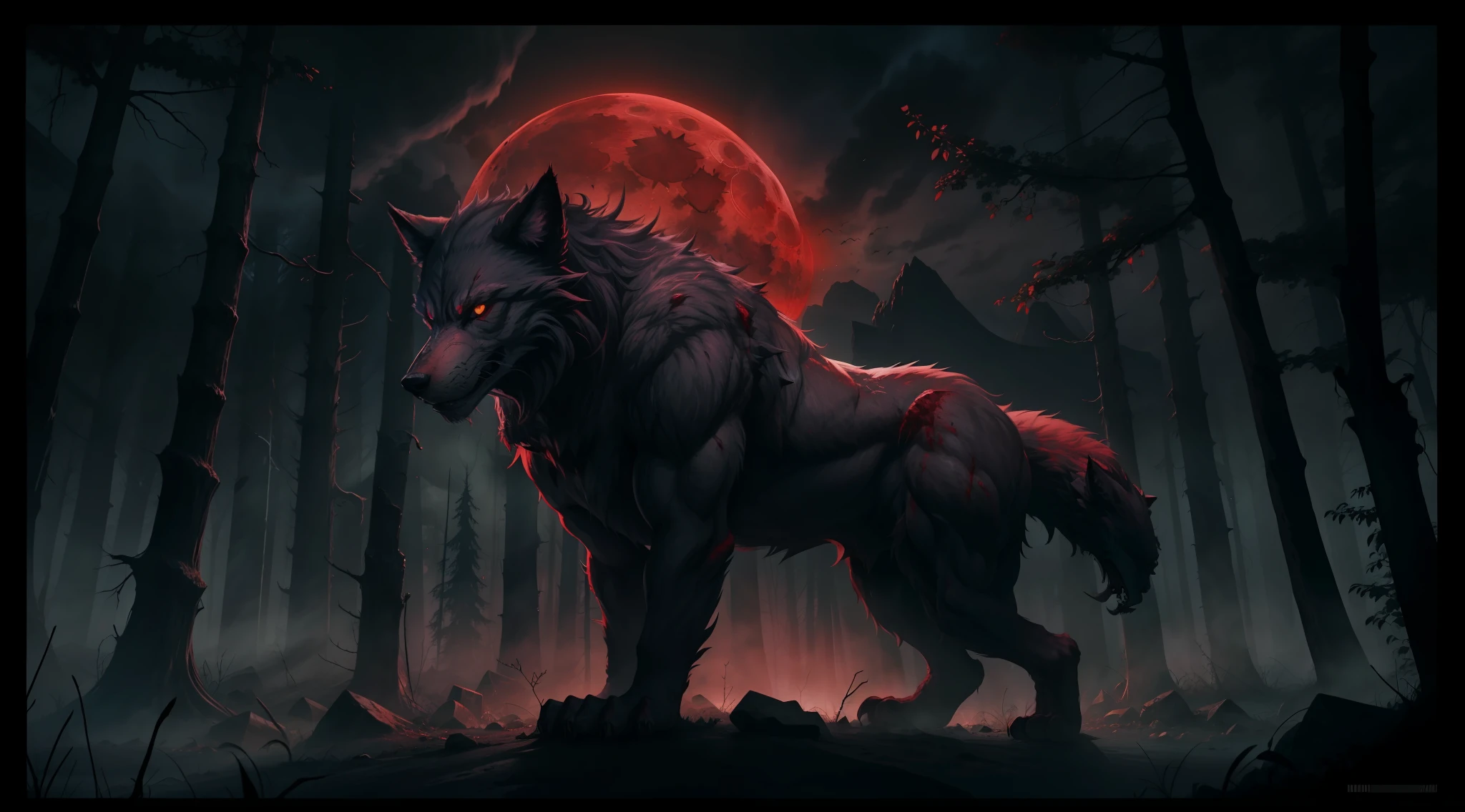 A monstrous deformed werewolf, night, dark environment, darkness, fog, blood, red moon