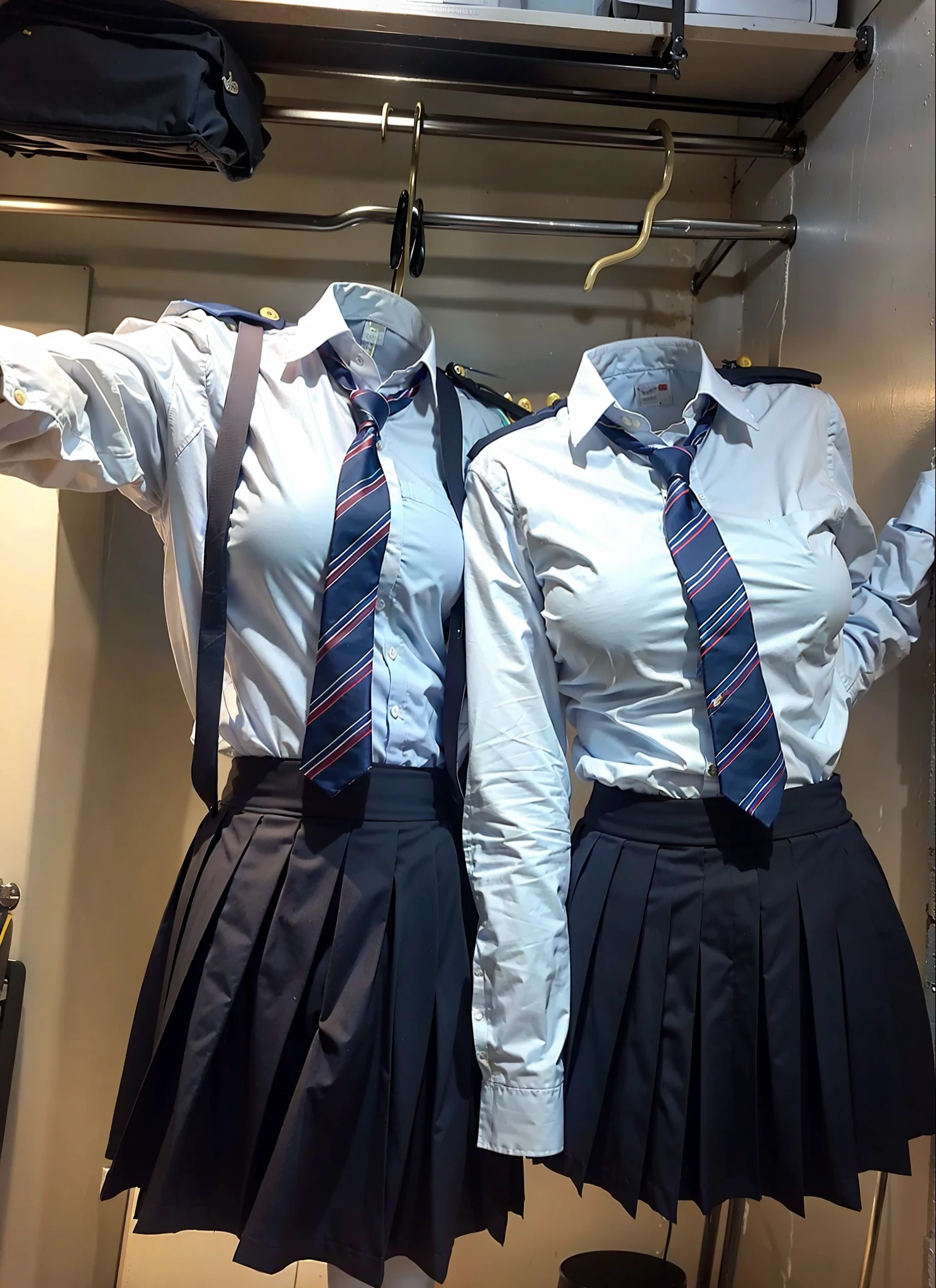 hanger school uniforms in closet raise their sleeves as if invisible girl wear it, school uniforms swells as if possessed by invisible girls, school uniforms have huge breasts, (((((no humans))))), (headless), faceless, invisible girls, (hanger), (in closet), hand on hip, (masterpiece), ((invisible)), huge breasts, very short skirt