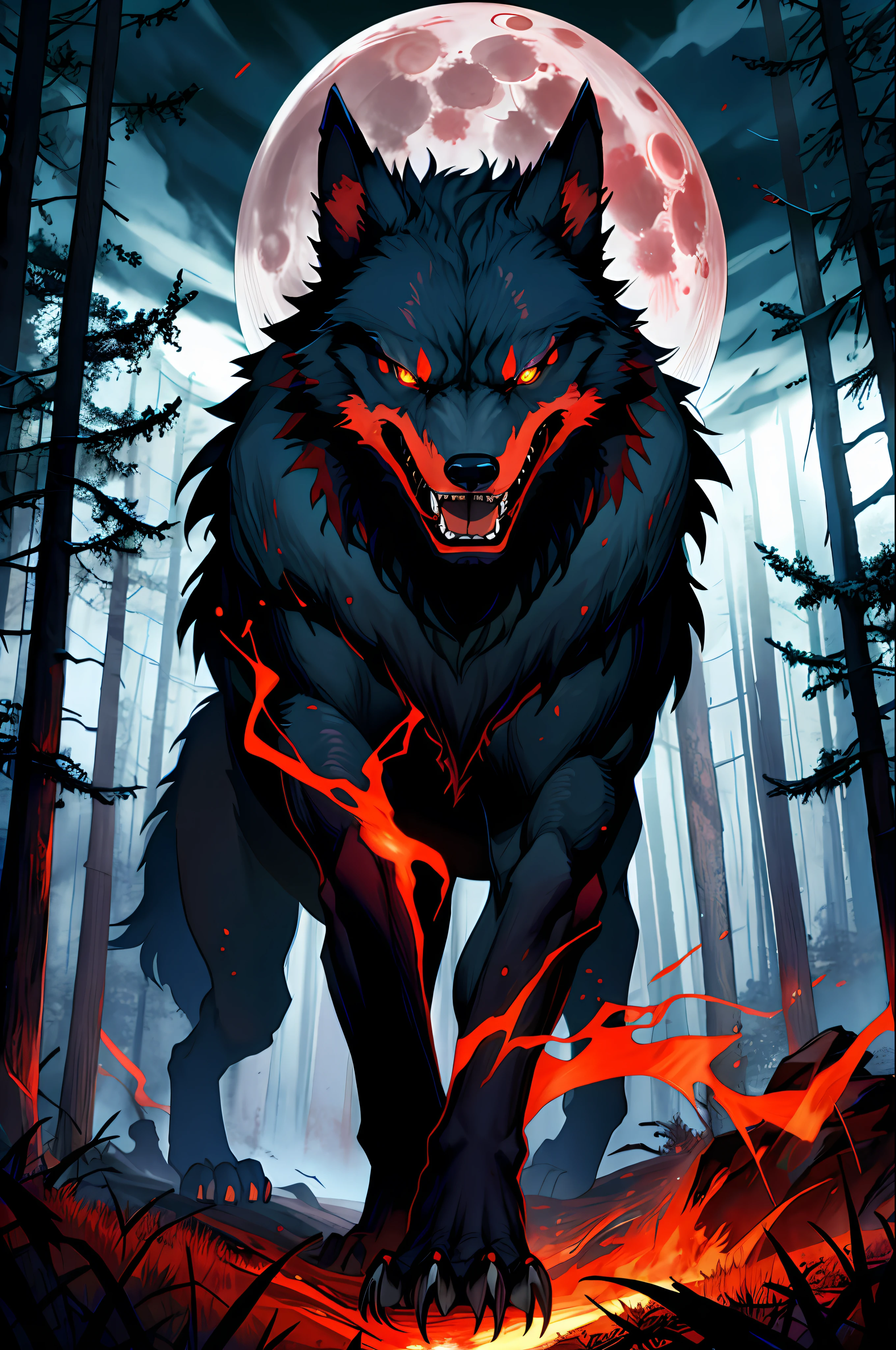 Monstrous red werewolf with fierce face, rage, ferocious, frenesi, mystical forest background, night, red full moon, darkness