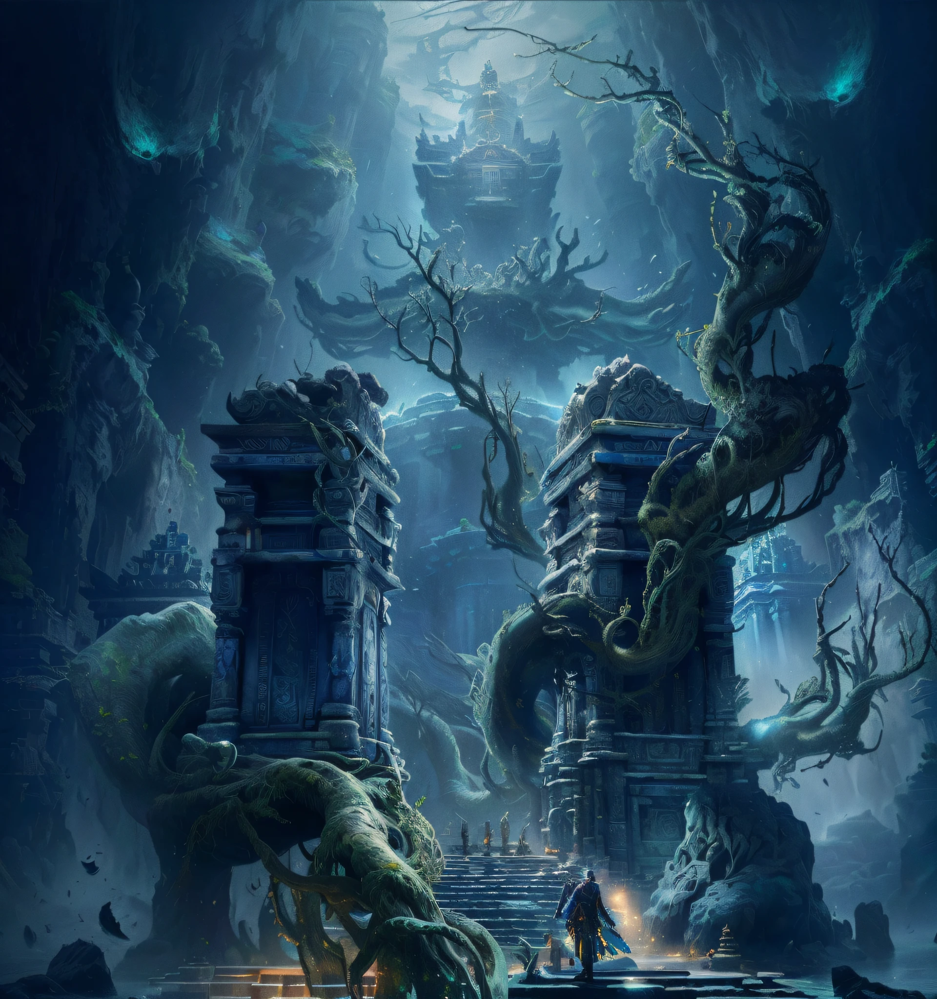 arafed image of a man standing in front of a giant tree, undersea temple, submerged temple scene, key art, underwater temple, square enix cinematic art, dan mumford. maya render, submerged temple ritual scene, detailed digital 2d fantasy art, fantasy and cosmic horror movie, high fantasy art movie poster, lost temple, highly detailed fantasy art, cinematic fantasy painting