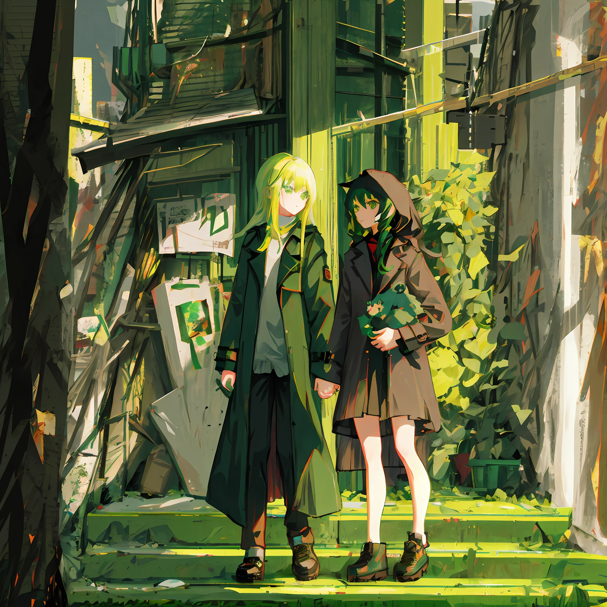 Girl, medium long hair, green cat eyes, green hair, cold, day man, black trench coat, messy hair, small family jasper, black alley in background