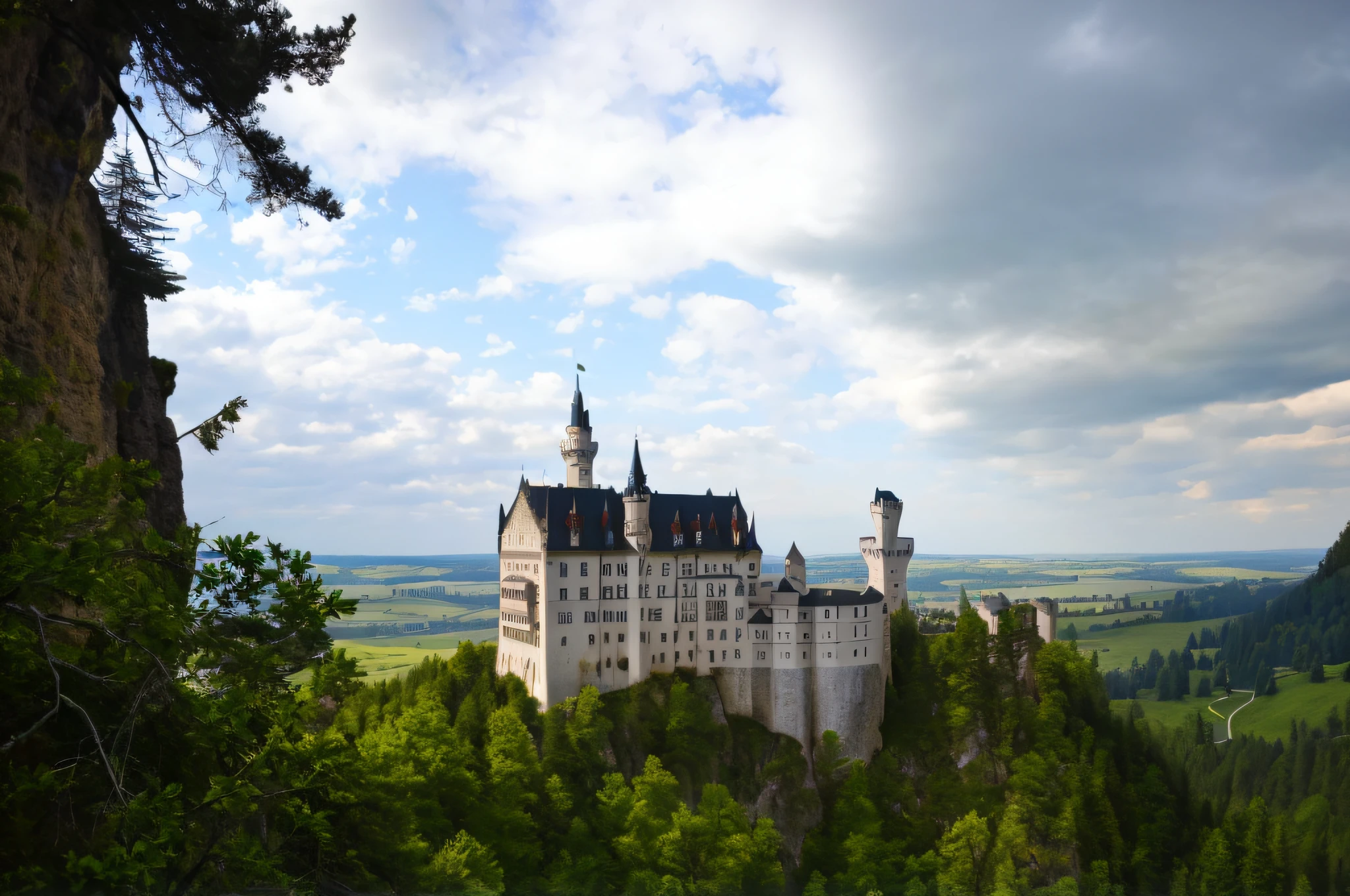 araffe castle on a hill with a view of a valley below, epic castle with tall spires, beautiful castle, germany. wide shot, fairy tale place, castle, a massive cathedral in a forrest, magical castle, castle on the mountain, gothic castle in background, a medieval castle, germany, munich, gothic castle, fairytale, fairy tale
