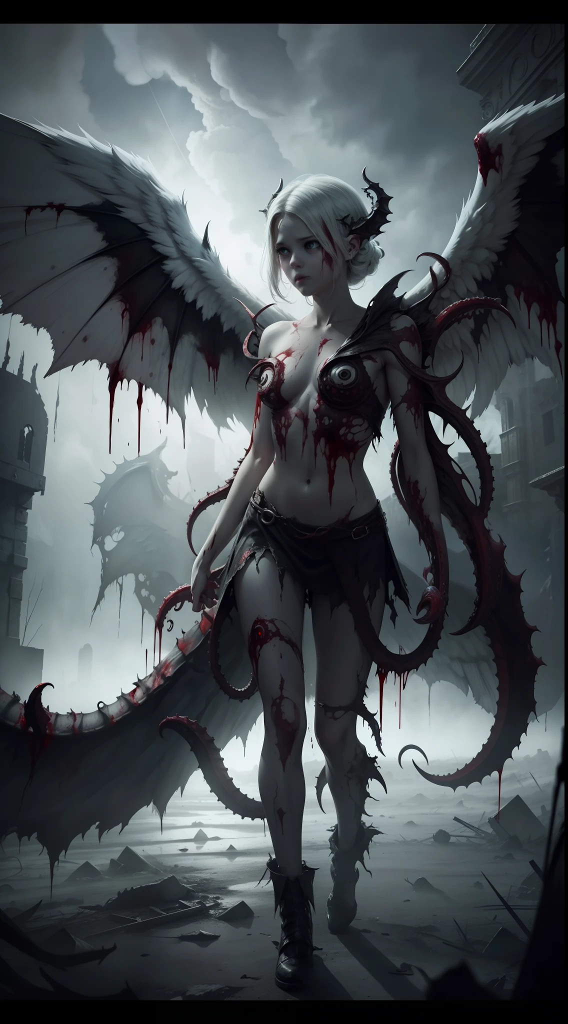 A monstrous white deformed angel with disgusting tentacles and torn wings, night, dark environment, darkness, fog, covered in blood