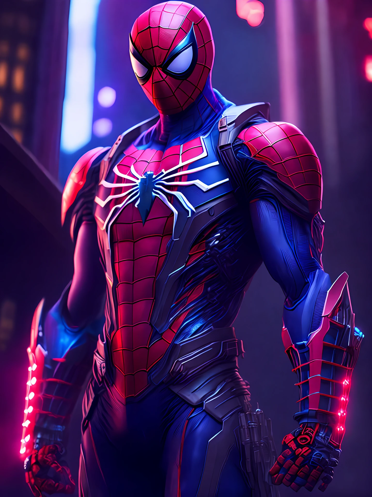 Portrait, Spider-Man from Marvel, biomechanical, complex robot, full growth, hyperrealistic, insane small details, extremely clean lines, cyberpunk aesthetic, masterpiece featured on Zbrush Central, gothic brutalist cathedral, cyberpunk, award-winning photo, bokeh, neon lights, cybernetic limb