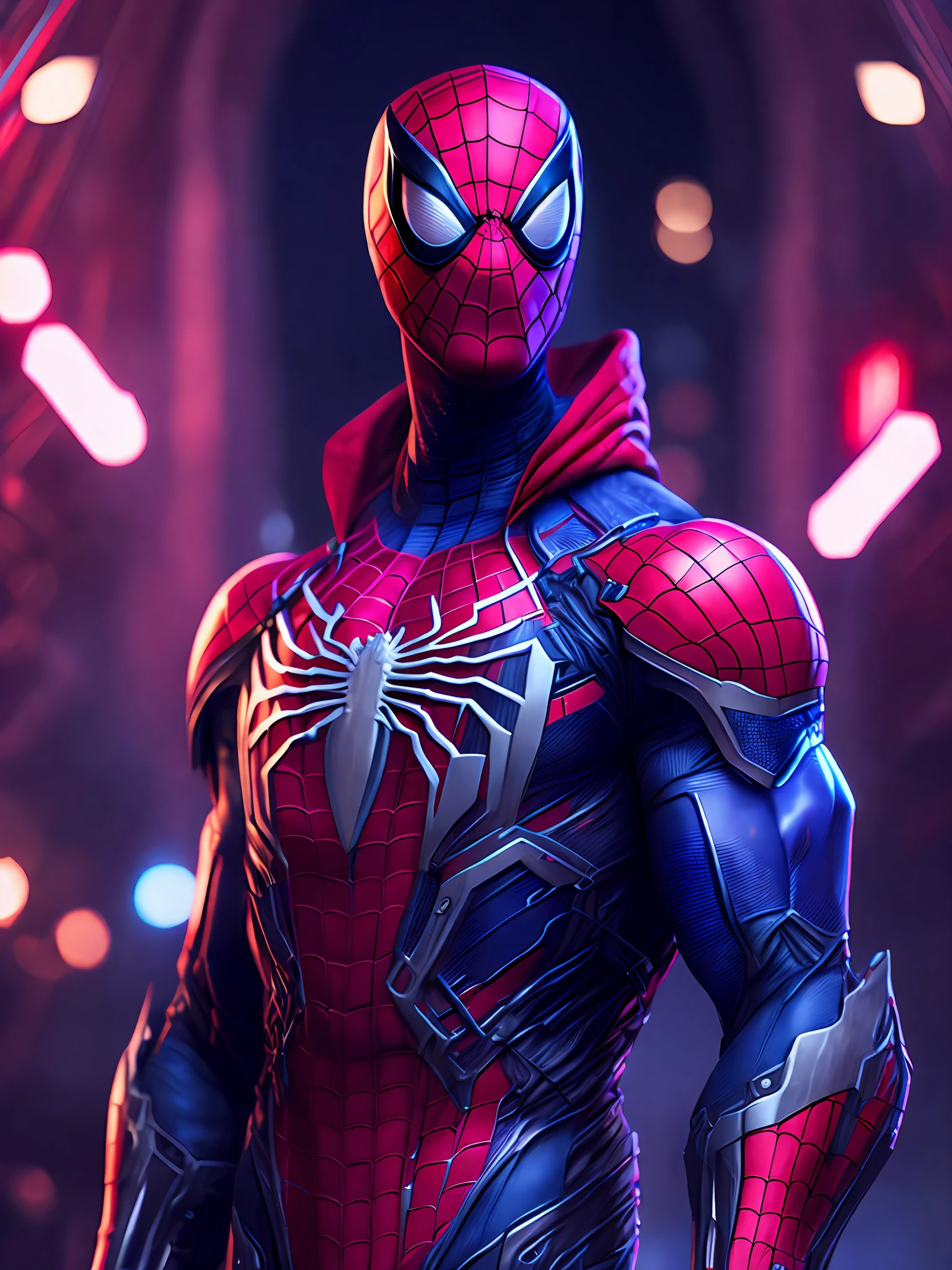 Portrait, Spider-Man from Marvel, biomechanical, complex robot, full growth, hyperrealistic, insane small details, extremely clean lines, cyberpunk aesthetic, masterpiece featured on Zbrush Central, gothic brutalist cathedral, cyberpunk, award-winning photo, bokeh, neon lights, cybernetic limb