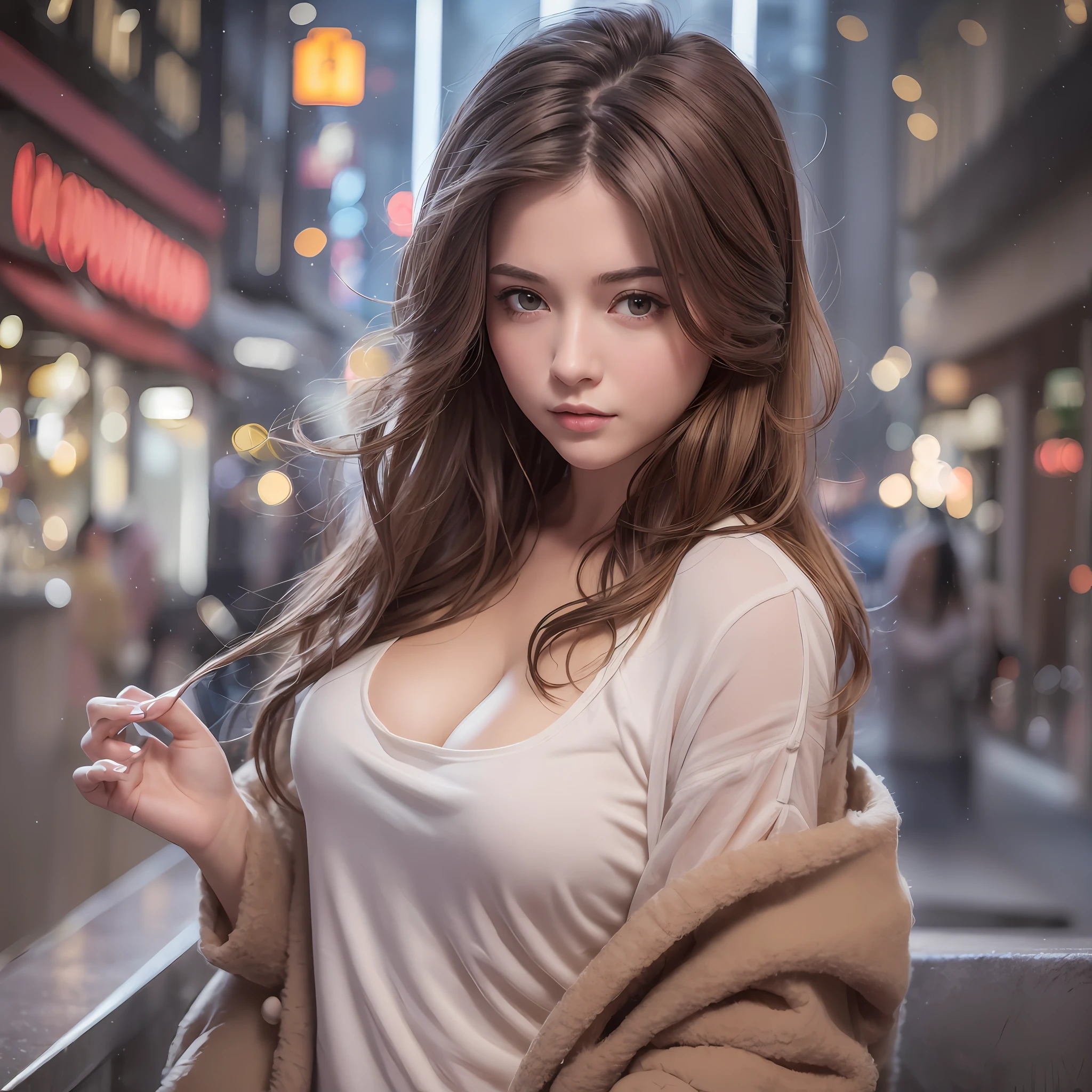 1 girl, masterpiece, best quality, realistic, real, (one person in the photo: 1.3), (alone: 1.3), temptation light smile, brown hair, attractive eyes, big, showing cleavage, T-shirt, draped in a coat, Ponding, night bar, Night environment, --auto --s2