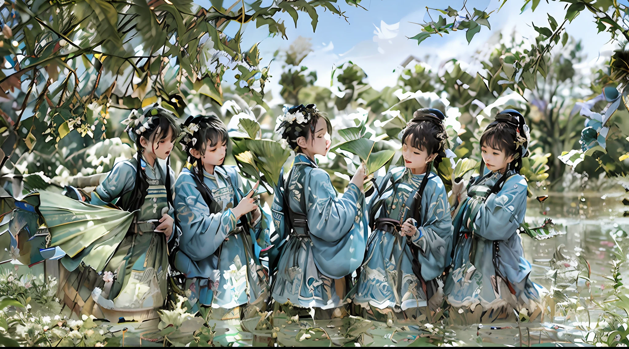 Masterpiece, best quality, five eighteen-year-old boys on a dragon boat, blue sky, clear water, having fun