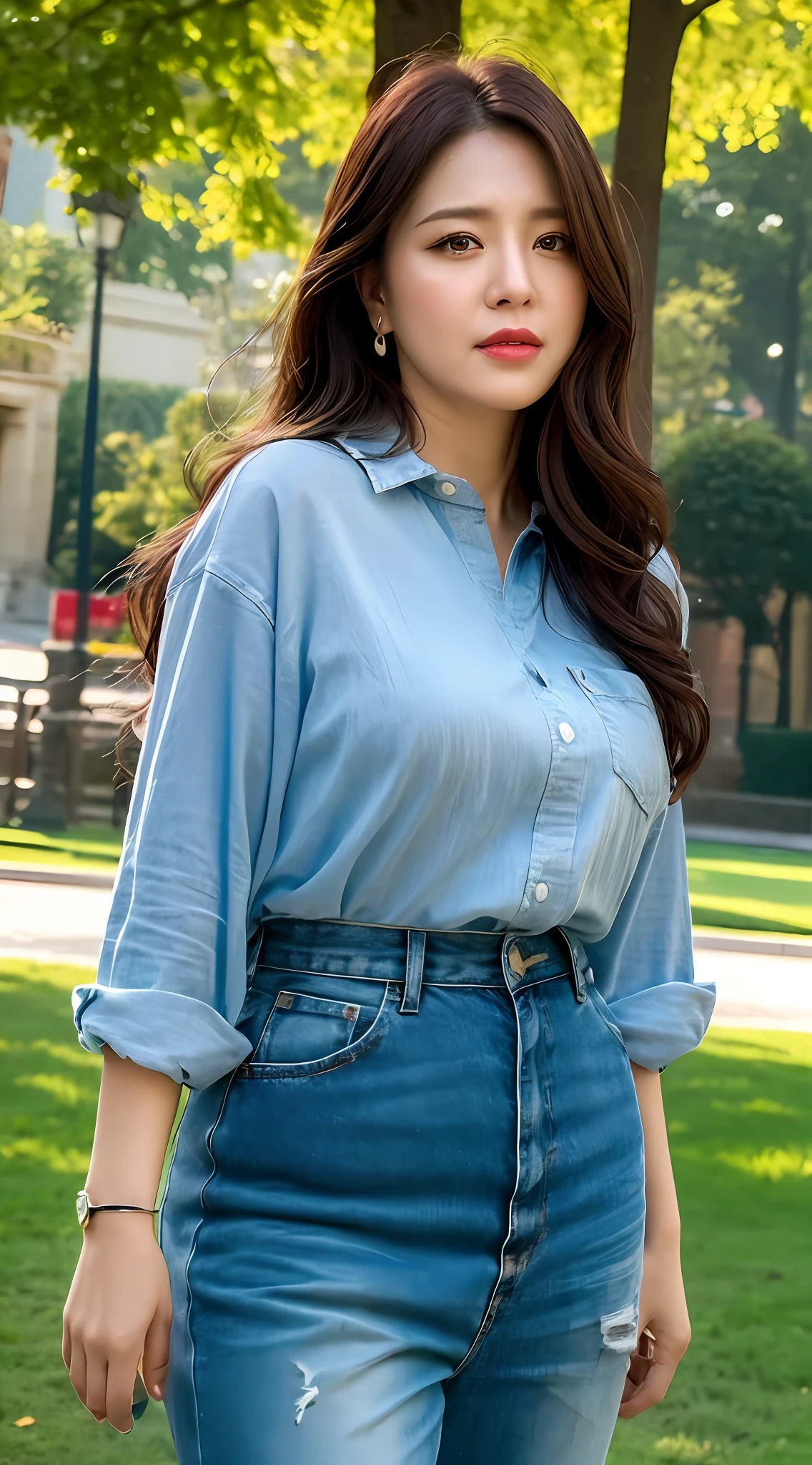 ((Realistic lighting, best quality, 8k, masterpiece: 1.3)), middle-aged, 40 years old, 120 pounds, woman, slightly fat, eye-catching, park