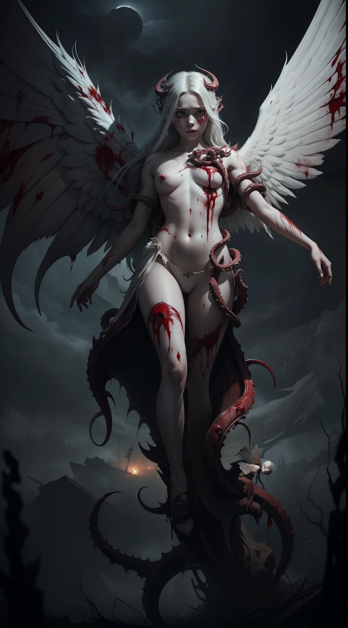 A monstrous white deformed angel with disgusting tentacles and torn wings, night, dark environment, darkness, fog, covered in blood