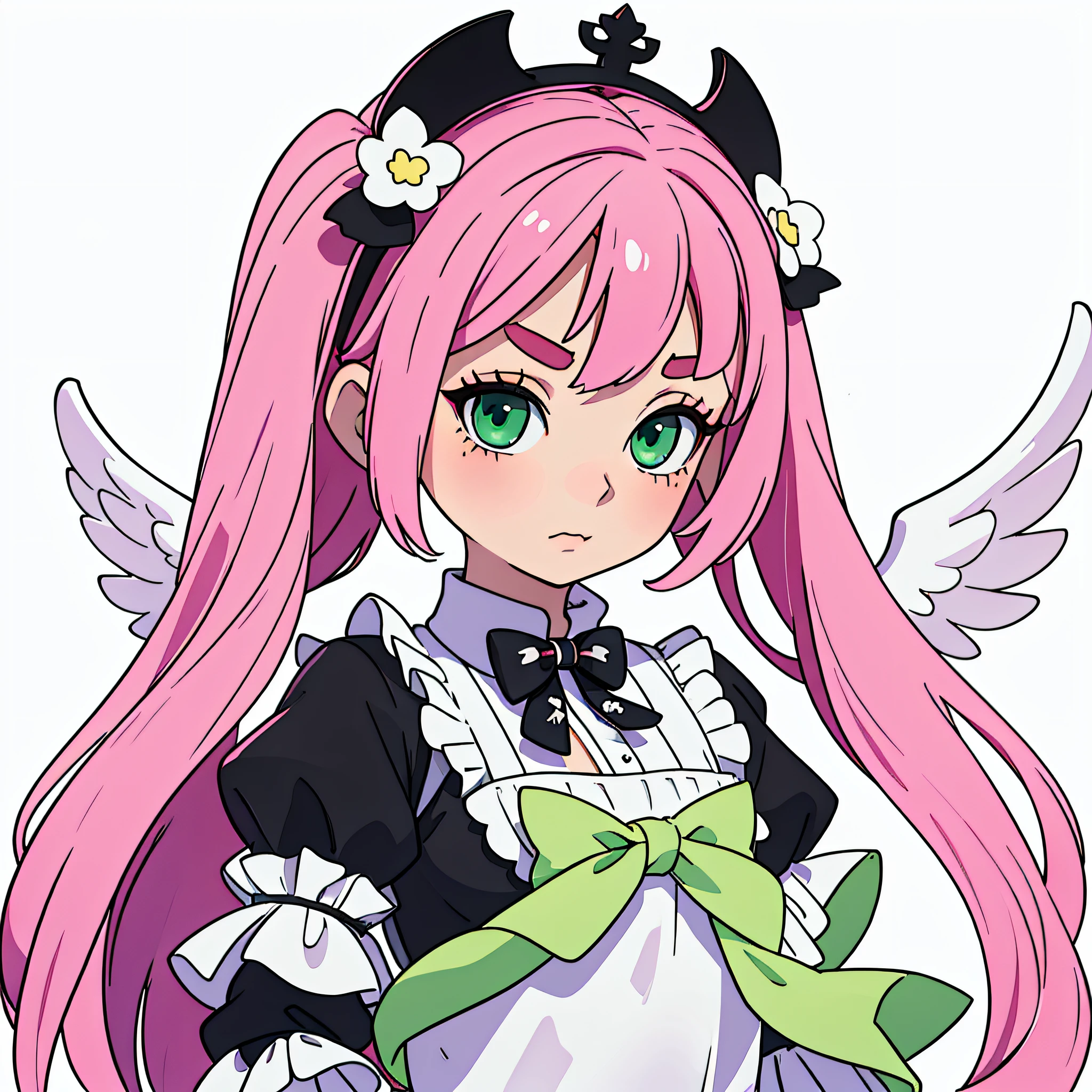 (masterpiece), girl, (beautiful delicate face), pink hair, long hair, pigtail hair, white angel wings, black gothic lolita one-piece outfit, (thin eyebrows: 2.0), green eyes, rabbit head hair ornament on temples, white background, full body