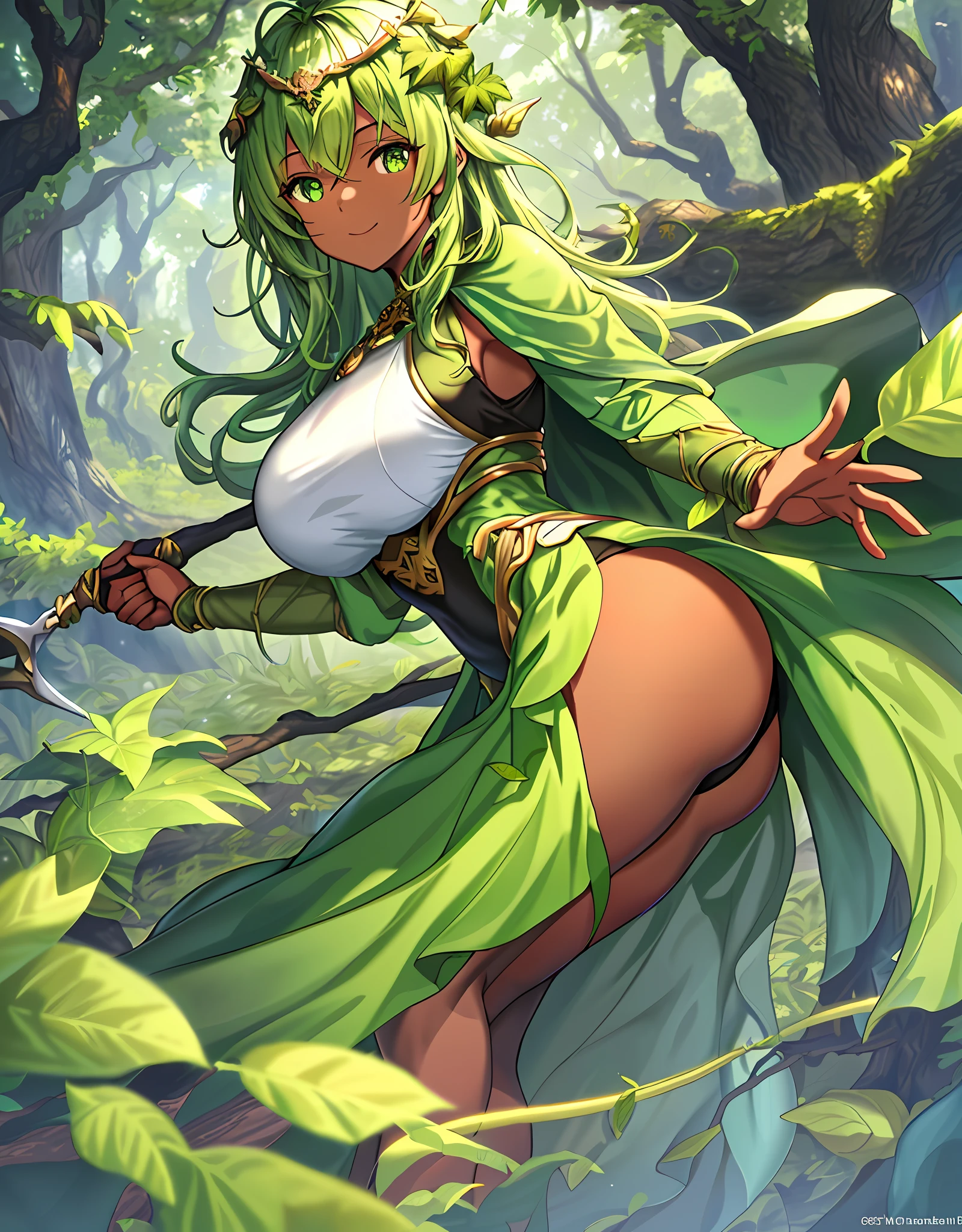ファンタジー, 1forest_elemental_girl, dynamic_pose_fighting, (using_leaves_clothes, green_leaves_covered_breasts, leaves_covered_pussy)+++,big_tits,dynamic_pose_standing, light_smile, 眠い, medium_hair, へそ,(dark_skin)+, オイル, (winding_vine_around_torso)++, (ふっくらと)+,森, trees_background, leaves_headgear, green_leaves_cape, hold_large_long_staff, large_thighs, large_ass, solo,
