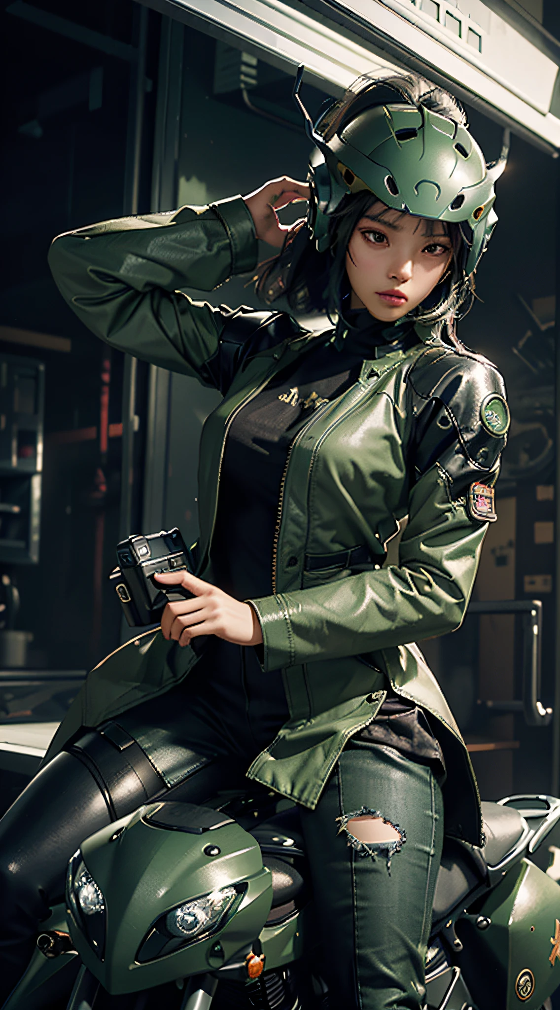 Highest image quality, outstanding detail, super high resolution, (realism: 1.4), the best illustration, favor details, highly condensed 1girl, with a delicate and beautiful face, dressed in a black and green mecha, (torn clothes: 1.5), wearing a mecha helmet, holding a directional controller, riding on a motorcycle, the background is a high-tech lighting scene of the future city.
