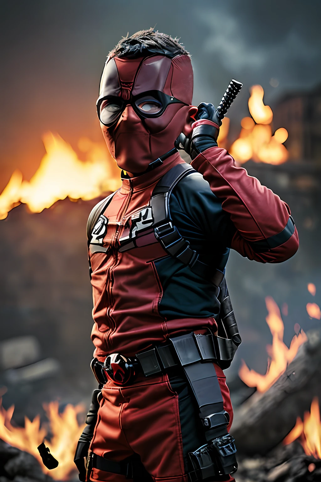 guttonerdvision4, a 3-year-old boy, wearing glasses, wearing the character "Deadpool" outfit full body. ((He's not wearing the mask)). The setting is a burning environment with pieces of stone around it and rubble on fire. Realistic scene and (((detailed))), with depth of field to give more realism to the scene.