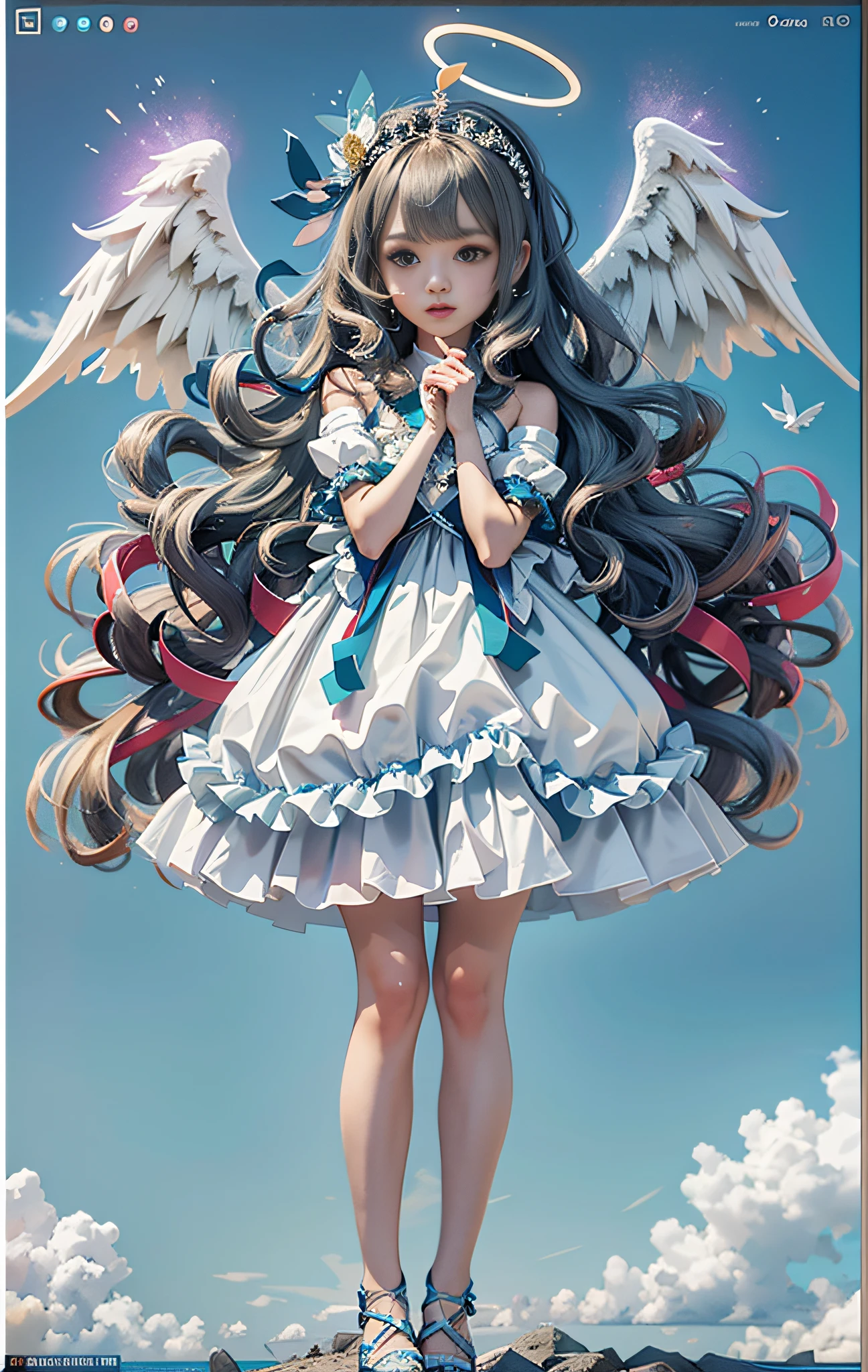 A girl with angel wings and dress, angel girl, full body portrait, white anime Barbie, beautiful gauze dress, curly hair, {best quality}, {{masterpiece}}, {high resolution}, {extremely delicate and beautiful}, original, extremely detailed wallpaper, 1girl, {colorful}, {bright colors}, {vivid}, UHD, ccurate, textured skin, anatomically correct, high details, best quality, super detail, award winning, high quality, 1080P, 8k((best quality)), ((masterpiece)), (detail:1.4), 3D, a beautiful cyberpunk woman, HDR (high dynamic range), ray tracing, NVIDIA RTX, Super-Resolution, Unreal 5, Subsurface scattering, PBR textures, post-processing, anisotropic filtering, depth of field, maximum sharpness and sharpness, multi-layer textures, albedo and highlight maps, surface shading, accurate simulation of light-material interactions, perfect proportions, Octane Render, two-color light, large aperture, low ISO, white balance, rule of thirds, 8K RAW,