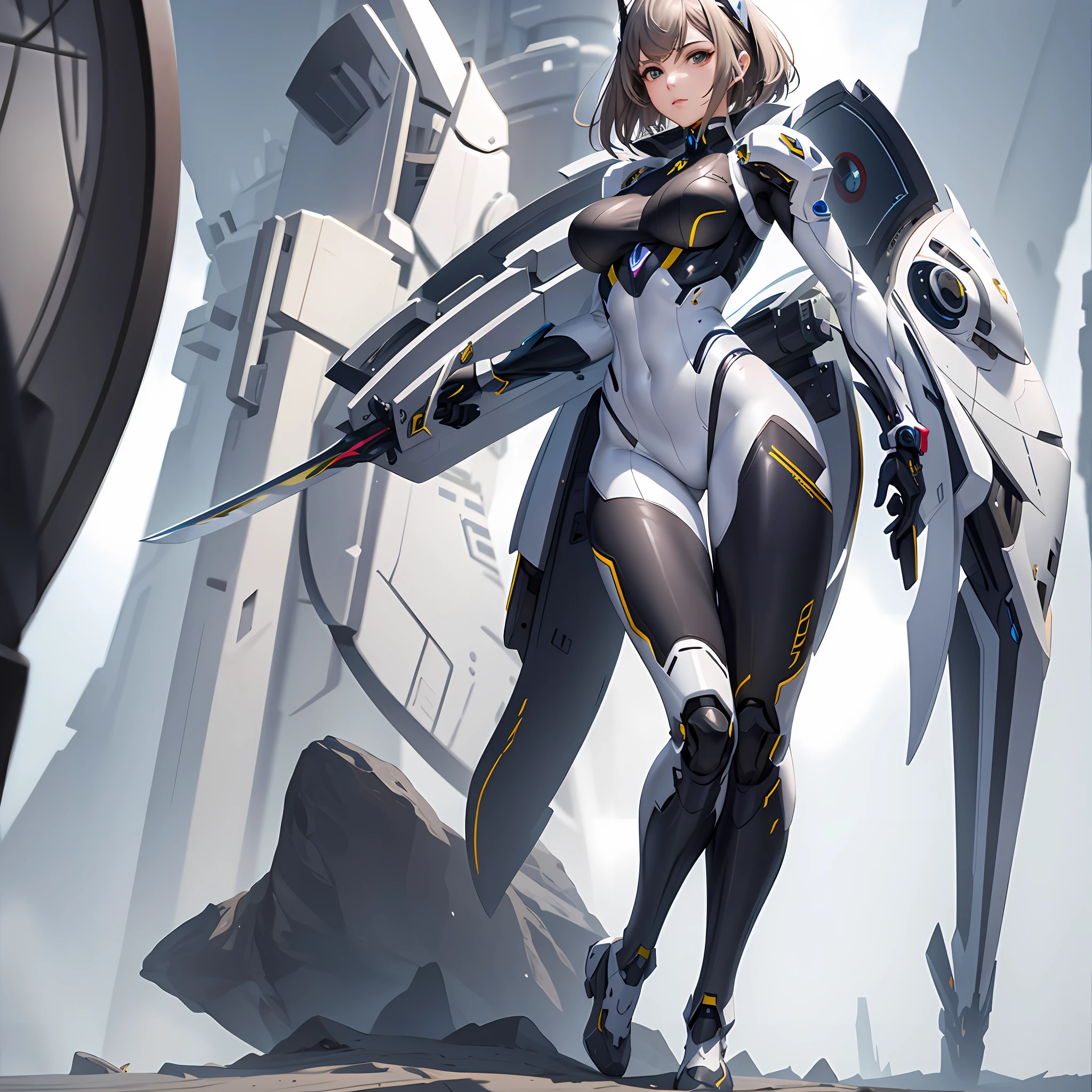 a woman in a futuristic suit with a sword,full-size photograph,Long legs, Slightly chubby,navel,Transparent skin,Perfect body shape,art feminine, Macro distance,mechanized valkyrie girl, ferra white mecha, girl in mecha cyber armor, female mecha, extremely detailed artgerm, echo from overwatch, Clear facial features,gorgeous female paladin,Advanced Rendering,depth of field