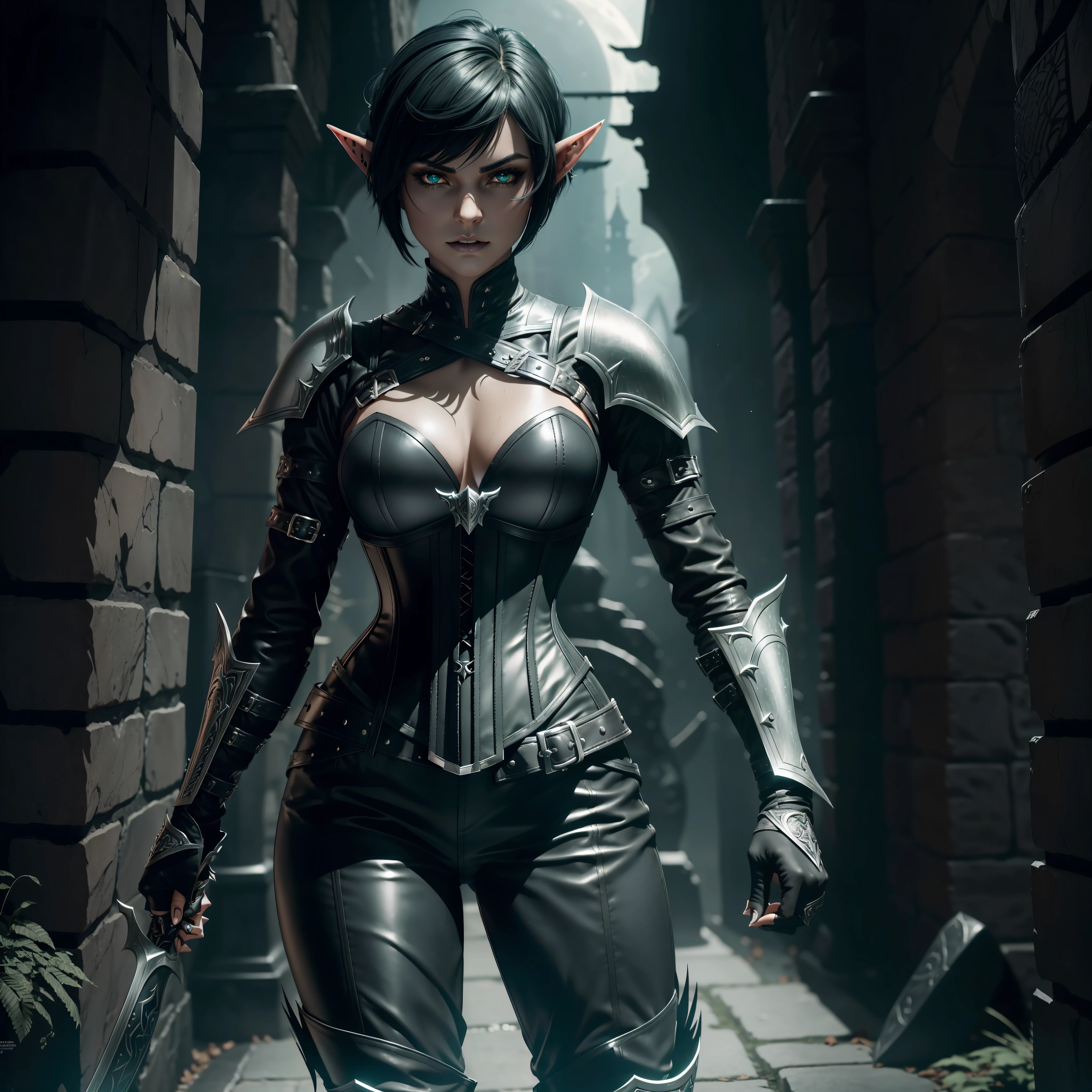 "Moonlit Shadows: The Elven Rogue," (((ONE Female Drow Elf))), with shaded charcoal gray skin. She possesses an (((athletic fit body, well-toned and exuding strength))). Her (((short dark black pixie cut hair))) adds a touch of boldness. (((Clad in tight full-body black leather armor, including black dragon scale pauldrons, armguards, breastplate, and shin guards, she emanates readiness and stealth.))) (((A black leather corset with silver accents complements her attire, along with tight leather pants.))) Silver weapons are her chosen tools, her primary weapon is a silver katana, combining elegance and lethal precision. Set in a nighttime dungeon, the pale moon's glow creates a gothic ambiance. Her deep dark green eyes captivate, while nose and eyebrow piercings accentuate her allure. Scars across her lip, nose, and eyebrow hint at a turbulent past, adding depth to her character.cinematic lighting, ray tracing, reflection light, cinematic lighting, ray tracing, reflection light, UHD, masterpiece, anatomically correct, textured skin, super detail, high details, high quality, award winning, best quality, highres, 16k, UHD, masterpiece, ccurate, anatomically correct, textured skin, super detail, high details, high quality, award winning, best quality, highres, 16k Render the character in full perspective, highlighting her ((fangs))), pointy ears, and multicolored hair. The wet look and pixie cut incorporate black and silver with a gradient effect. Utilize cinematic lighting techniques, including ray tracing and reflection lights, for atmospheric allure. Strive for ultra-high definition (UHD) quality, delivering a 16K masterpiece with anatomically correct, textured skin and super detail. (((Single Person)), (((ONE CHARACTER)))