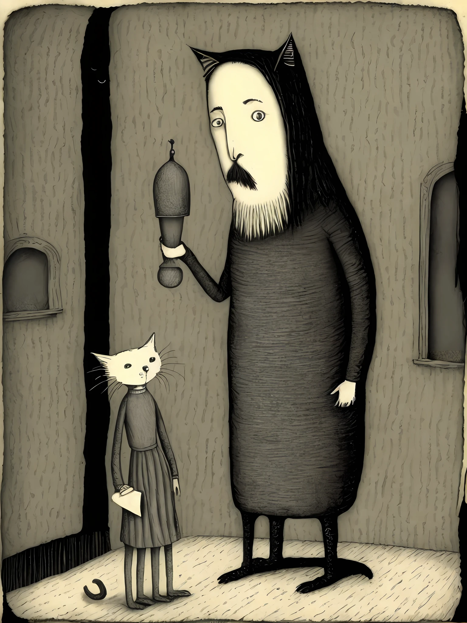 a man drunking in front of a cat by Edward Gorey