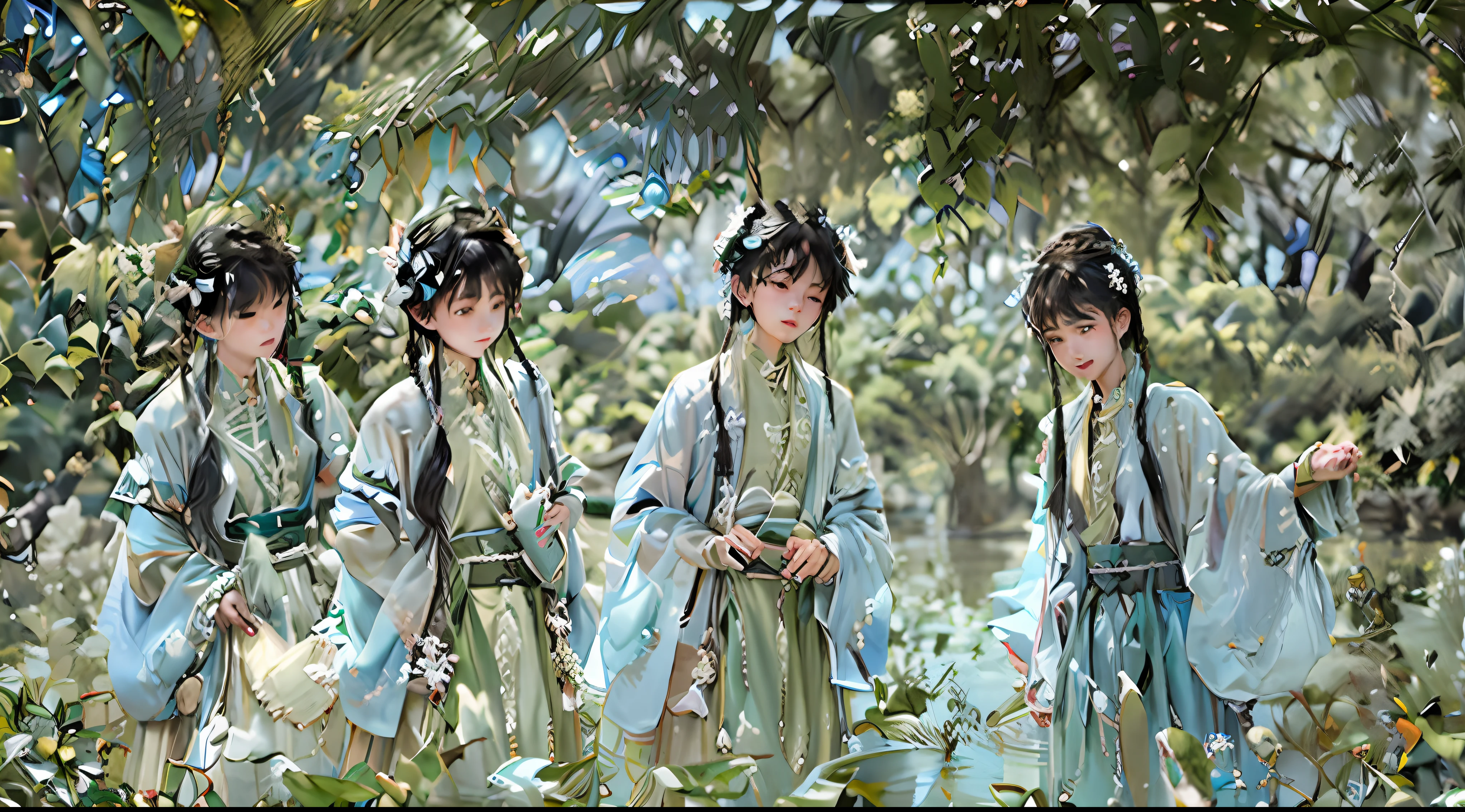 Masterpiece, best quality, five eighteen-year-old boys on a dragon boat, blue sky, clear water, having fun