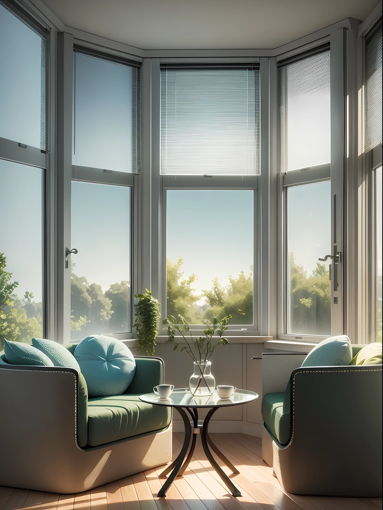 In front of the window there is a table with backrest computer chairs, embellished with greenery, realistic afternoon lighting, realistic soft lighting, volumetric natural light, rendered in V-Ray, daylight made with a blender, rendered in POV-ray, anime. Soft lighting, rendered in 3 DSMAX, detailed natural lighting, atmospheric rendering, soft natural volume lighting, realistic rooms, painted line drawings --auto --s2