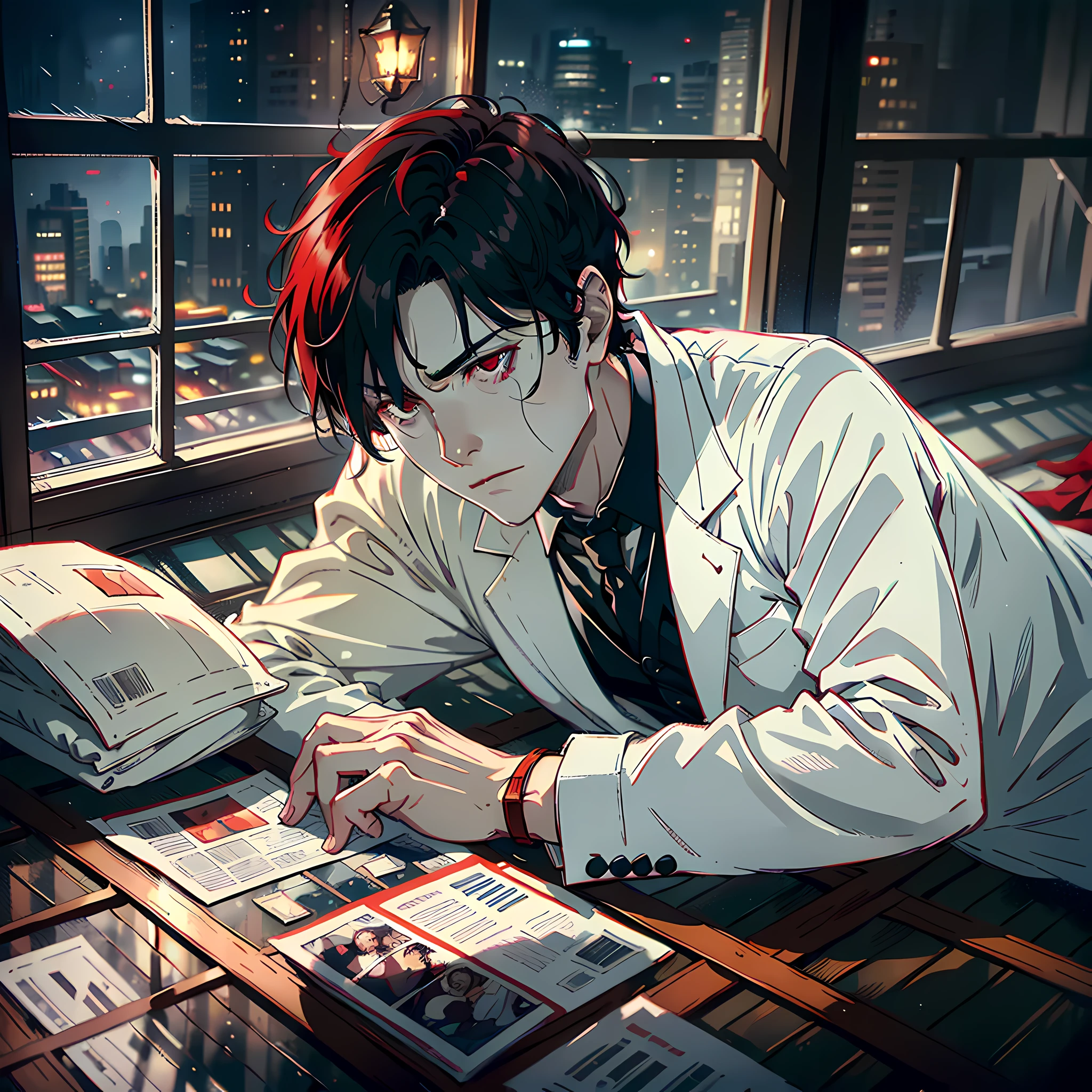 At night, by the window, Red Moon, a handsome man lying flat on the ground, about to turn into a zombie, short black hair, white suit, sides, face ultra-detailed, no blood, highly real, 4K, chiaroscuro, super high detail