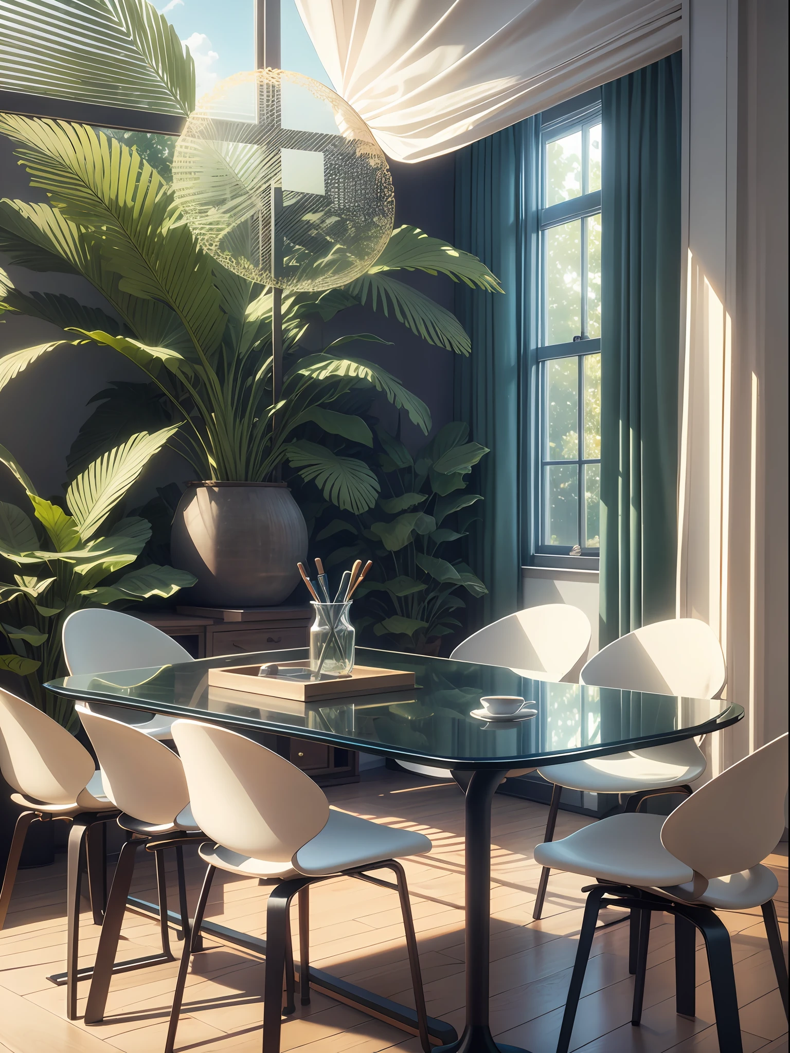In front of the window there is a table with backrest computer chairs, embellished with greenery, realistic afternoon lighting, realistic soft lighting, volumetric natural light, rendered in V-Ray, daylight made with a blender, rendered in POV-ray, anime. Soft lighting, rendered in 3 DSMAX, detailed natural lighting, atmospheric rendering, soft natural volume lighting, realistic rooms, painted line drawings --auto --s2