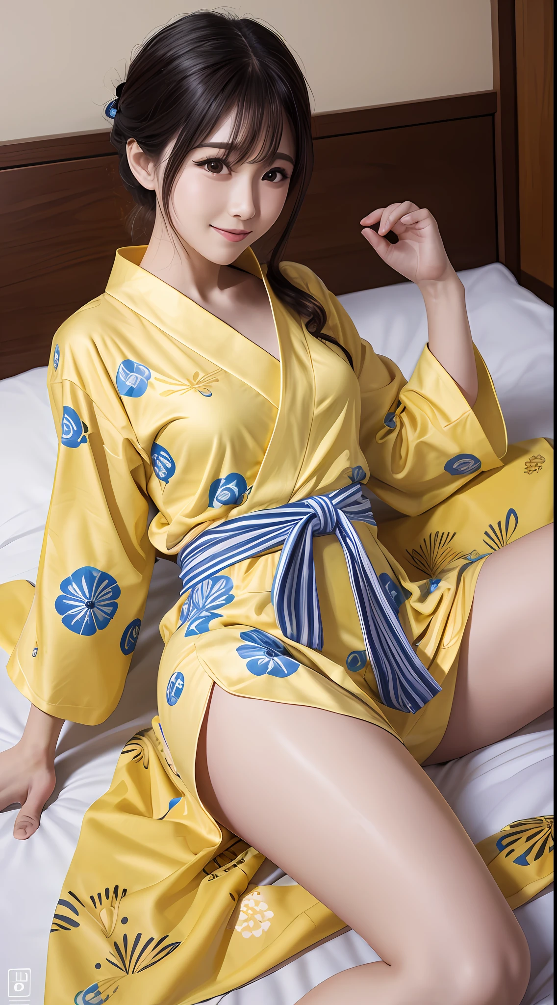 Best quality, masterpiece, super high resolution, yellow yukata, bedroom, leg-open, super realistic