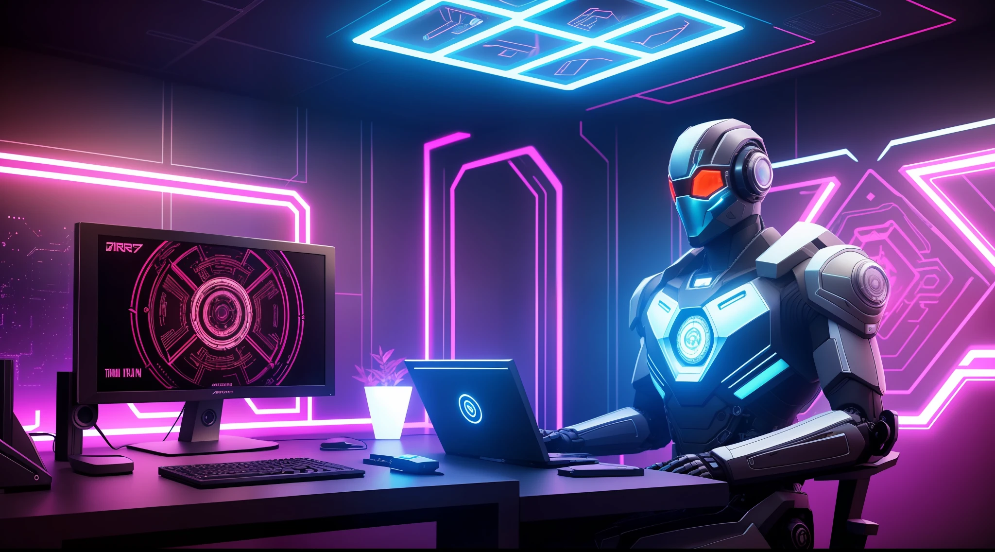 cyberpunk, robot, titanium skeleton, cosmos background, graphic, low poly, sitting on a computer desk, watching TV, which has dashboard, 4 digital displays in background, trending on artstation, sharp focus, studio photo, intricate details, highly detailed, by greg rutkowski, neon, neural network, deep learning, intricate organic, tom bagshaw, ruan jia, ambigrammatic, vivid portrayal, engrossing deta, symbol-patterned background, veritrelex, fractal album cover, symbolic, neon