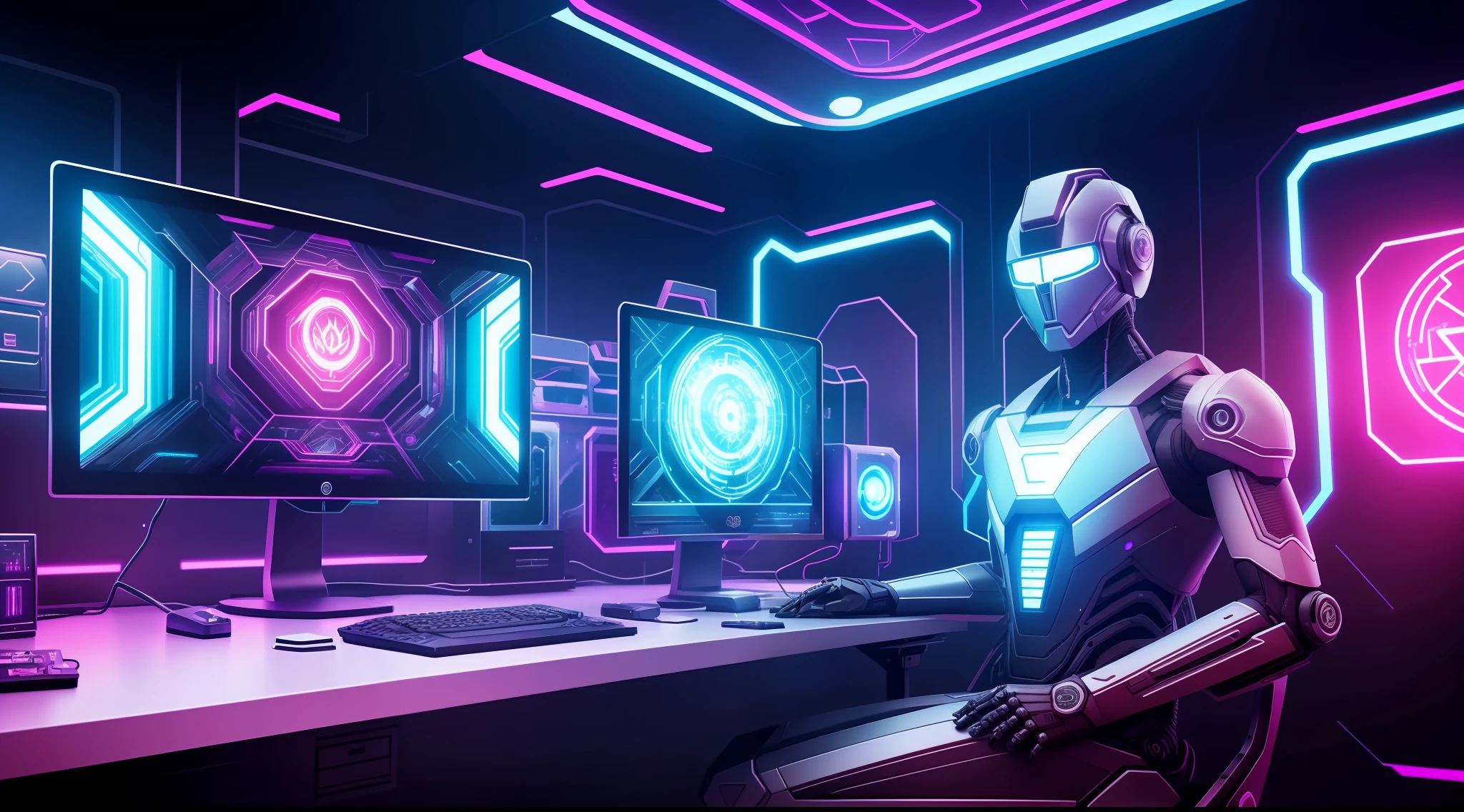 cyberpunk, robot, titanium skeleton, cosmos background, graphic, low poly, sitting on a computer desk, watching TV, which has dashboard, 4 digital displays in background, trending on artstation, sharp focus, studio photo, intricate details, highly detailed, by greg rutkowski, neon, neural network, deep learning, intricate organic, tom bagshaw, ruan jia, ambigrammatic, vivid portrayal, engrossing deta, symbol-patterned background, veritrelex, fractal album cover, symbolic, neon