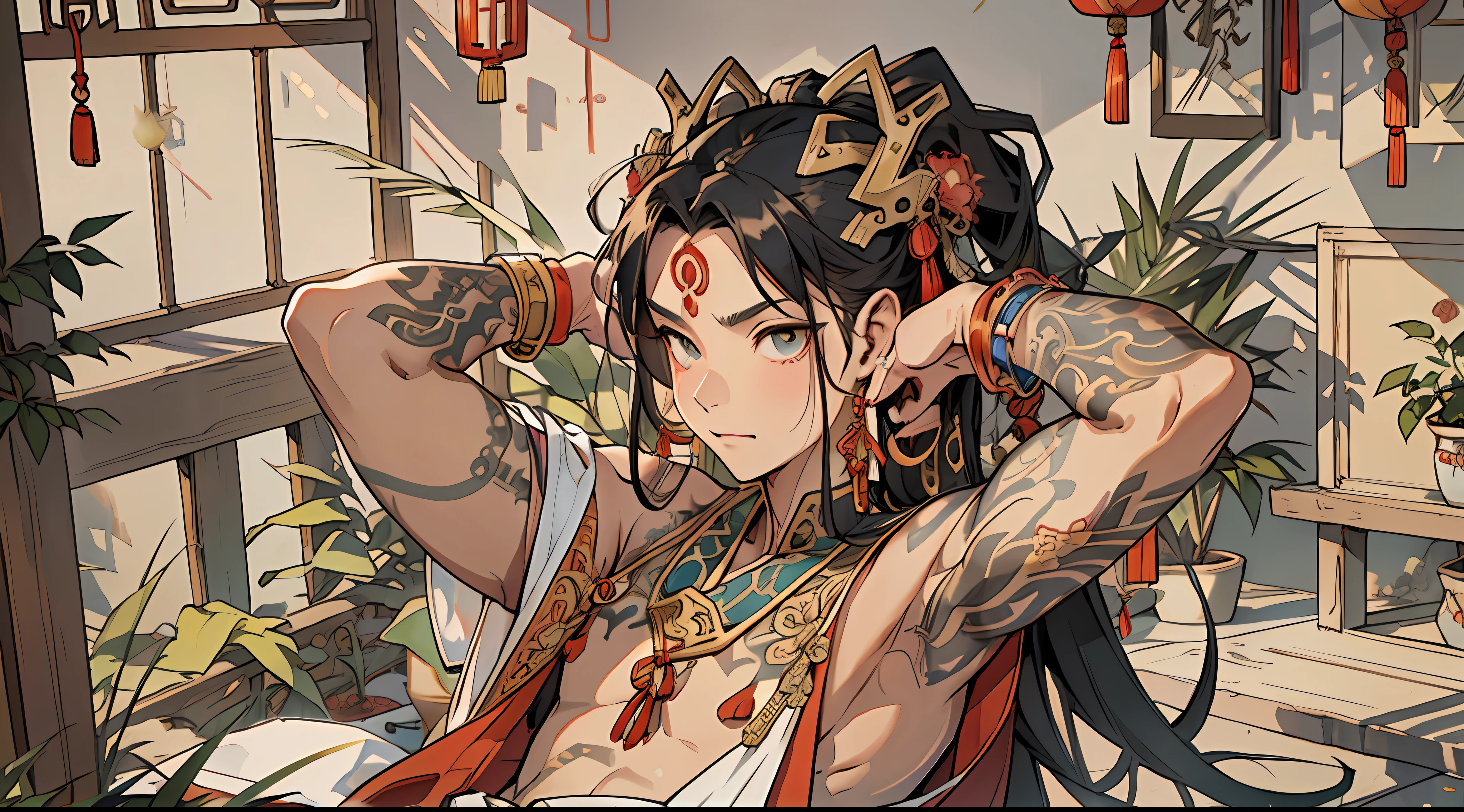 best quality, 4K, solo, (anime: 1.2), (big nipple: 0.5), (male: 1.5), (juvenile: 1.2), a Chinese dragon horn on the head, earrings on the ears, bracelets on the wrists, (metal ankle rings on the ankles: 0.8), (barefoot: 1), ancient Chinese style, (upper body: 0.3), (bare shoulder: 0.8), Long hair, (fair skin: 1.5), dance moves, (tattoo: 0.2),