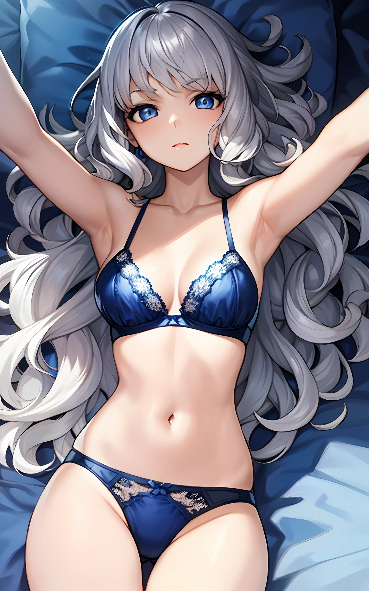 girl, solo, , silver hair, blue eyes, wavy hair, underwear, night, lying in bed, blue and white panties, blue and white bra, seduction with open arms, sweat, body wet, crotch open