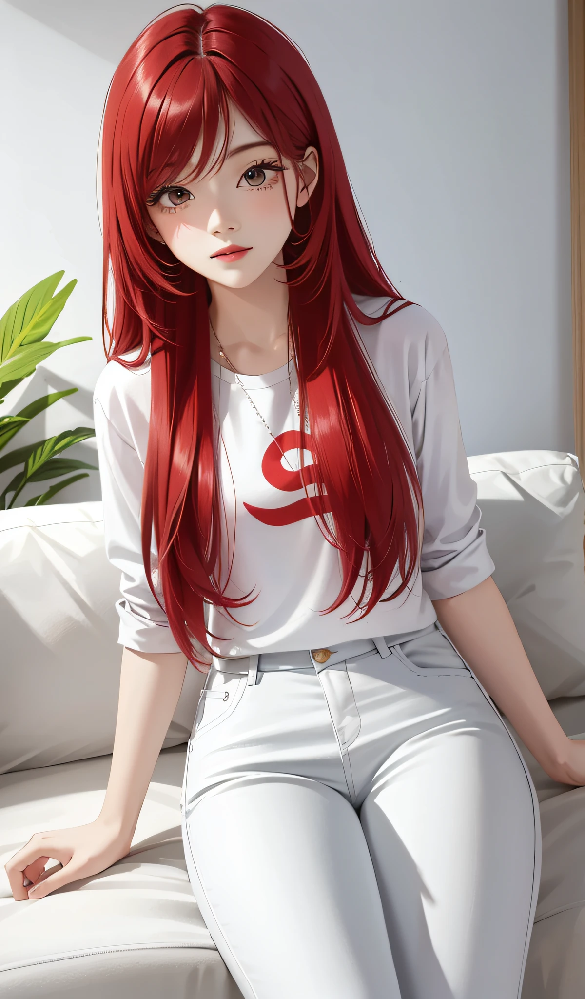 a woman in a white shirt and red pants is playing video game, simple style, wearing elegant casual clothes, muted red, simple clothes, milk and red style, casual clothing style, modern fashion outfit, wearing a fisher , casual modern clothing, inspo, red clothes, red pants, neutral tones, rred and white color scheme, casual business outfit, scary face, nike shoes, 22 years old, adult face, long hair, ((red hair))