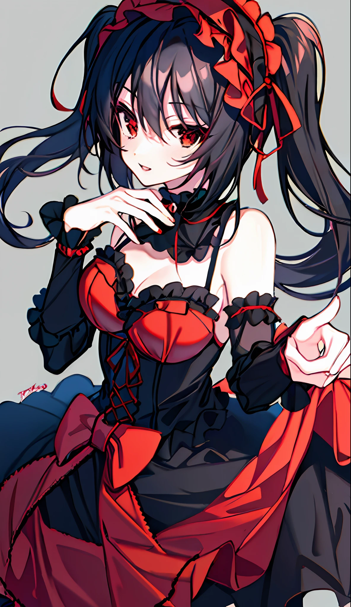 18 Year Old Beautiful Girl, Masterpiece, Top Quality, 8K Anime, 1 Girl, Solo, Detailed Fingers, Precise Fingers, Non-Unnatural Hands, Odd Eye, Red Eyes, Cleavage, Black Hair Twin Tails, Kurumi Tokizaki