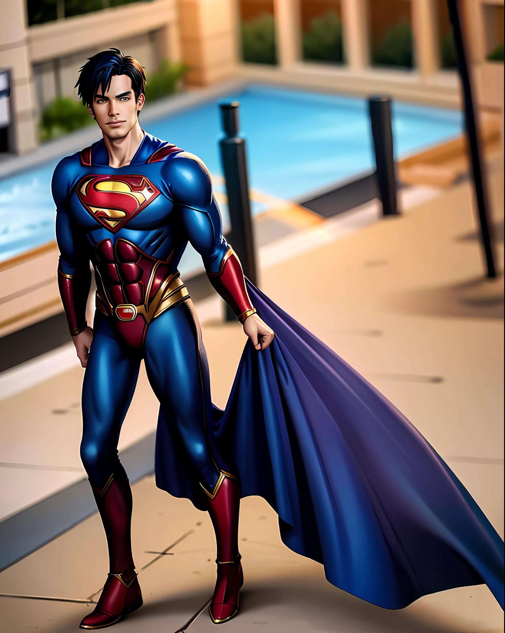 Superman (justice league)with short hair, 2D, full body, walk on the road