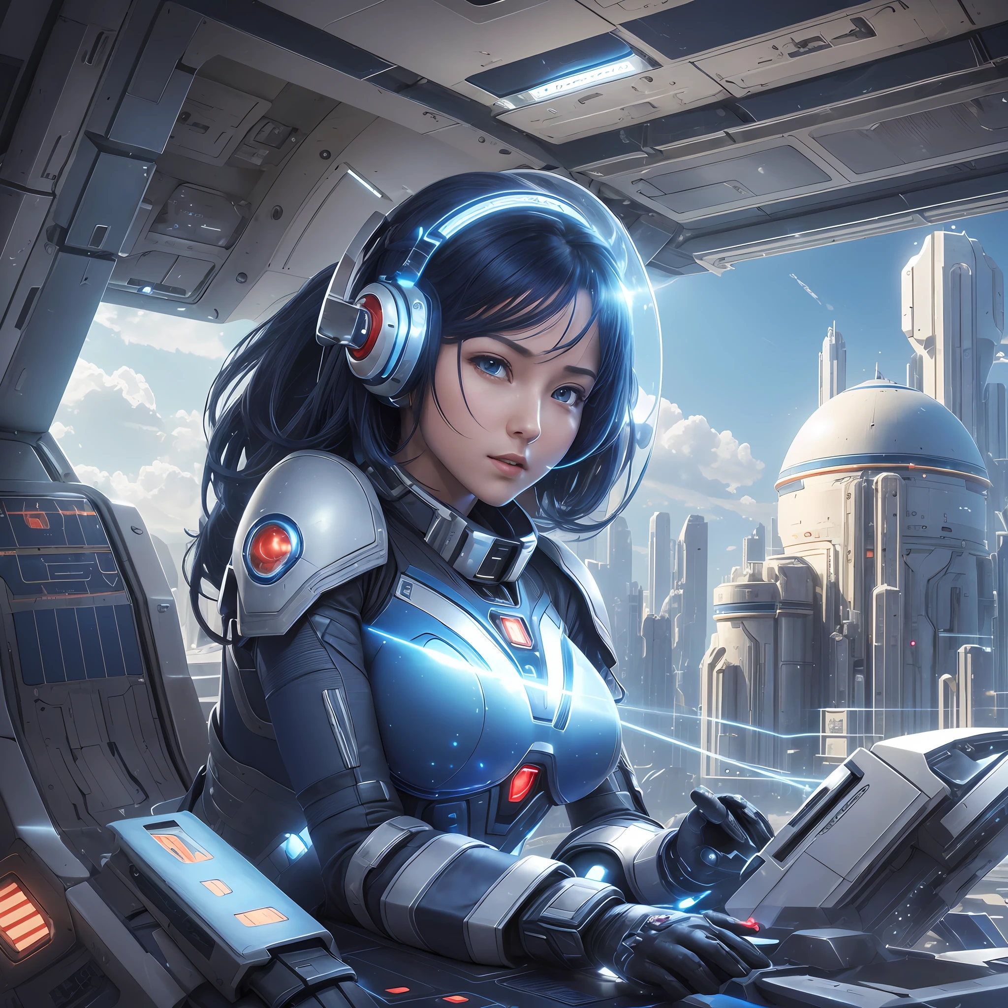 (spaceship background), (ultra high resolution, realism, blue sky, photon mapping, radiometry: 1.3), science fiction, fantasy, [: a sexy girl, (red blue mech: 1.2), upper body: 0.2] sheg, beautiful woman, best quality, super high resolution, 8K, masterpiece, clear focus, clear gaze --auto --s2