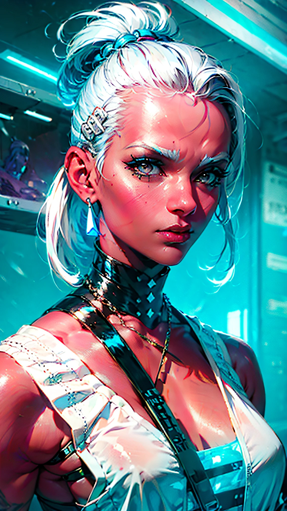 Linga 17 year old girl, shaved hair, mohawk hair, modern hairstyle, topknot, futuristic, white hair blue details,