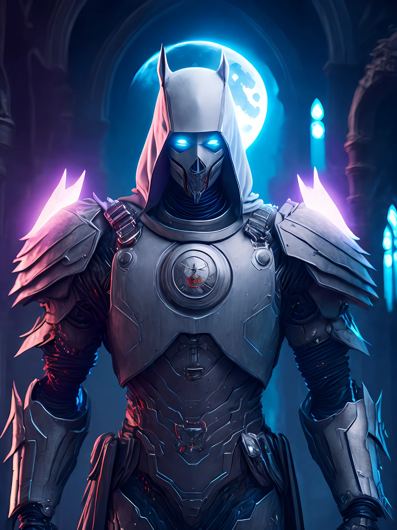 Portrait, Zombie Moon Knight from Marvel, biomechanical, complex robot, full growth, hyperrealistic, insane small details, extremely clean lines, cyberpunk aesthetic, masterpiece featured on Zbrush Central, gothic brutalist cathedral, cyberpunk, award-winning photo, bokeh, neon lights, cybernetic limb
