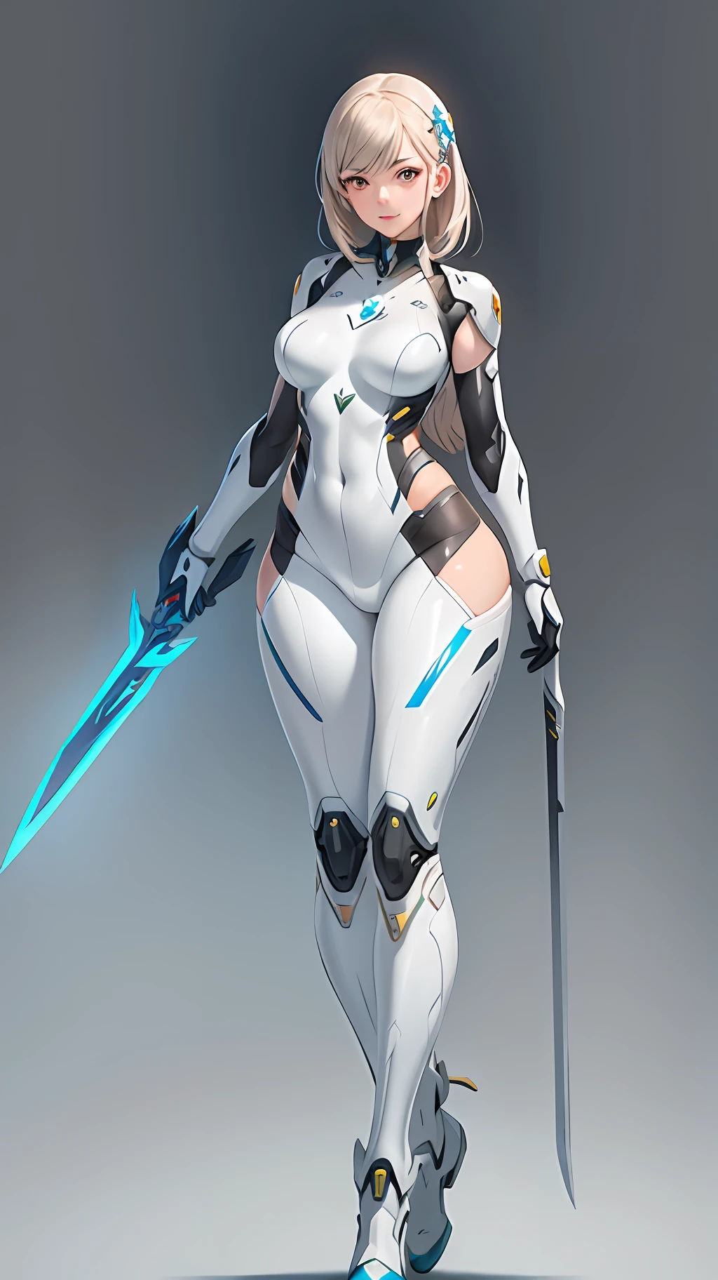 a woman in a futuristic suit with a sword,full-size photograph,Long legs, Slightly chubby,navel,Transparent skin,Perfect body shape,art feminine, Macro distance,mechanized valkyrie girl, ferra white mecha, girl in mecha cyber armor, female mecha, extremely detailed artgerm, echo from overwatch, Clear facial features,gorgeous female paladin,Advanced Rendering,depth of field