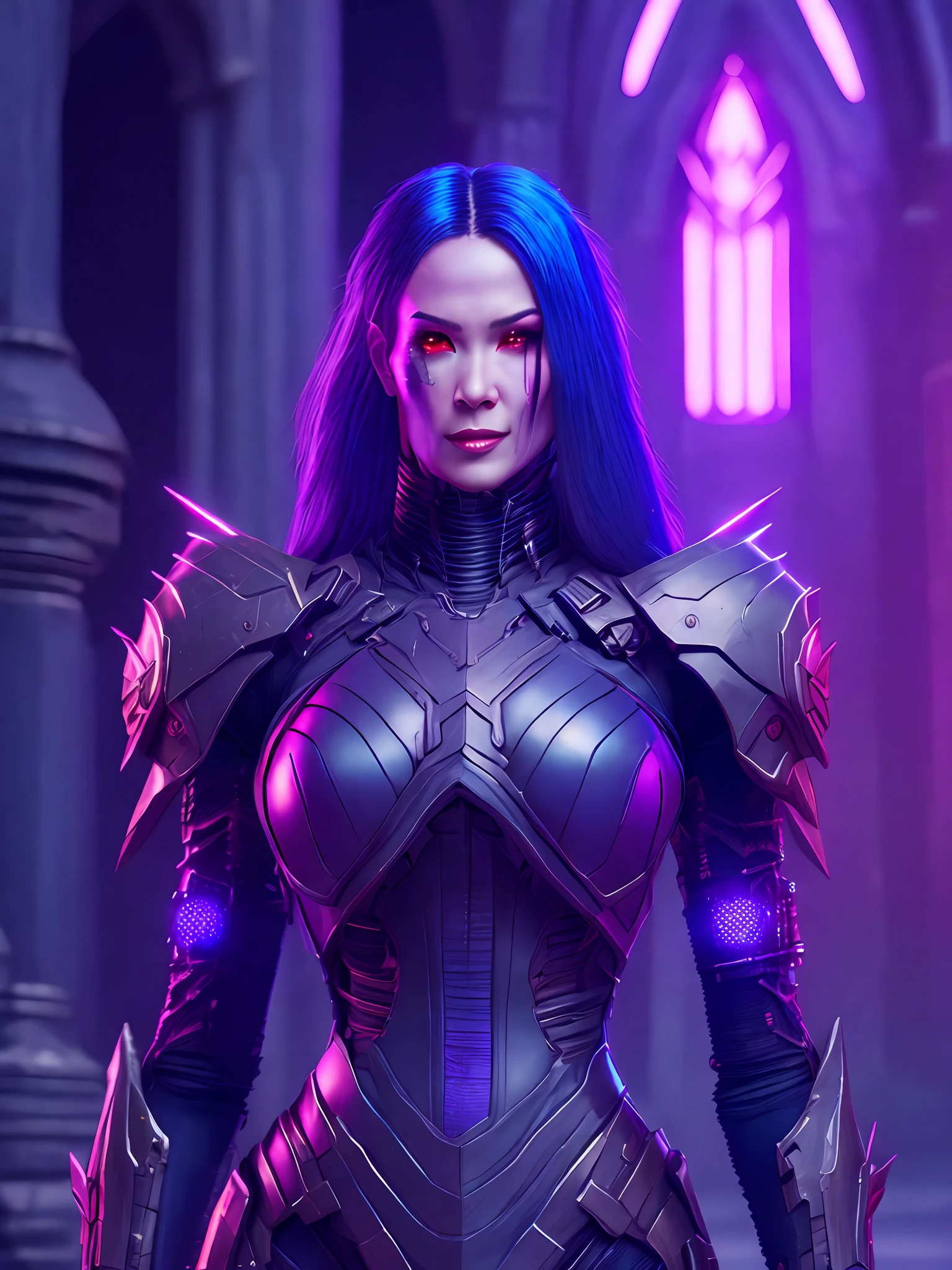 Portrait, Zombie Psylocke from Marvel, biomechanical, complex robot, full growth, hyper-realistic, insane small details, extremely clean lines, cyberpunk aesthetic, masterpiece unveiled at Zbrush Central, gothic brutalist cathedral, cyberpunk, award-winning photo, bokeh, neon lights, cybernetic limb