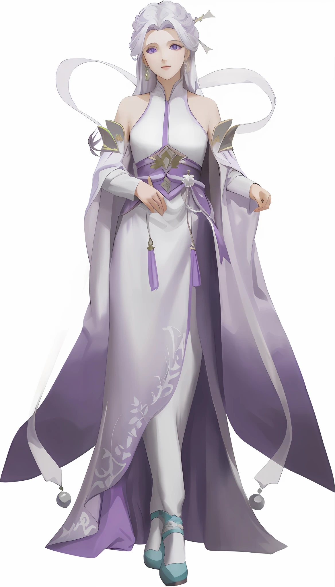 A woman wearing a white dress and purple cloak, high precision, fairy-like, white-purple cloak all over, white hair in a noble robe, turquoise pupils