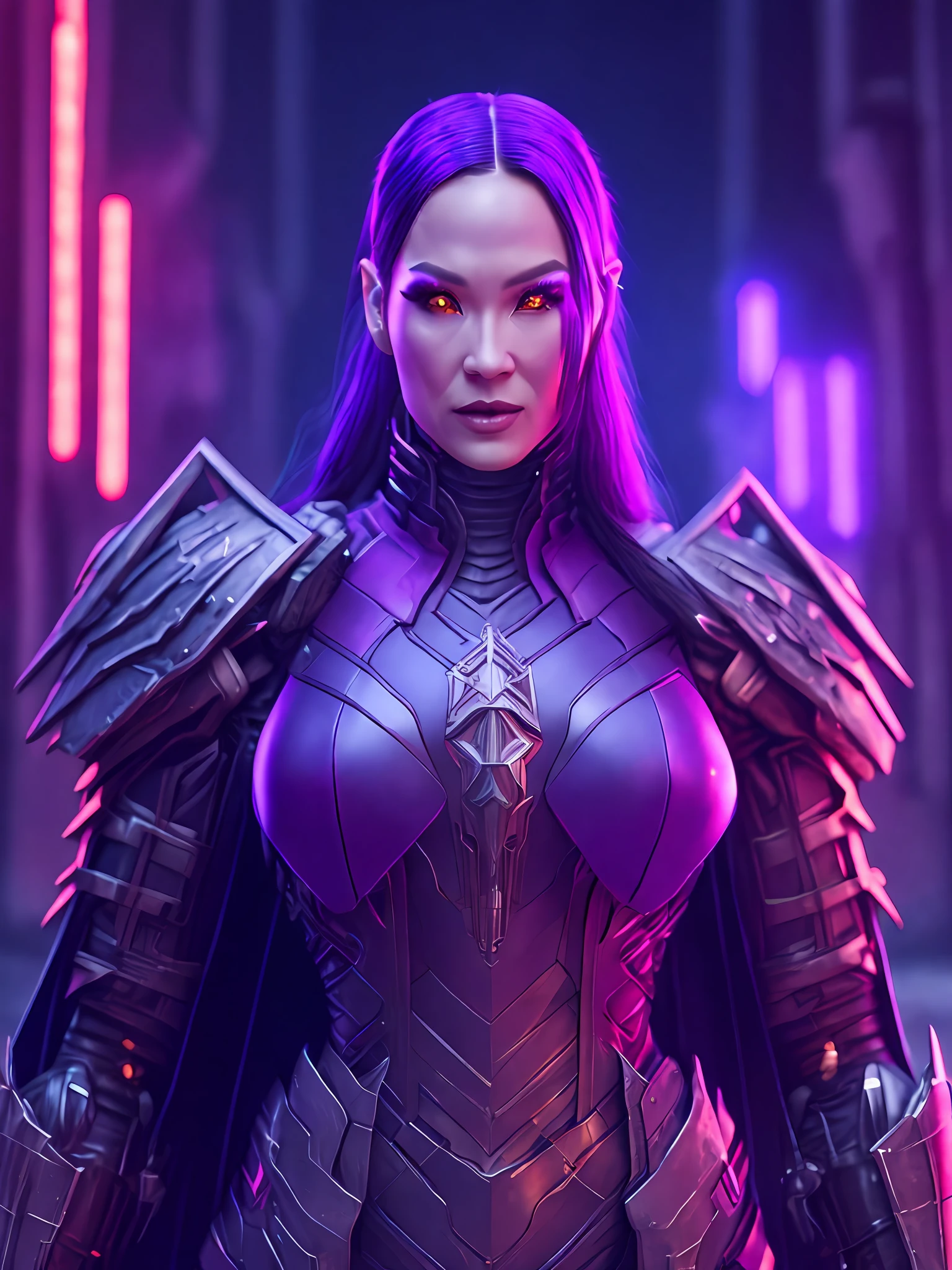Portrait, Zombie Psylocke from Marvel, biomechanical, complex robot, full growth, hyper-realistic, insane small details, extremely clean lines, cyberpunk aesthetic, masterpiece unveiled at Zbrush Central, gothic brutalist cathedral, cyberpunk, award-winning photo, bokeh, neon lights, cybernetic limb