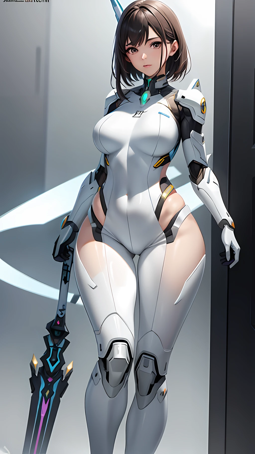 a woman in a futuristic suit with a sword,full-size photograph,Long legs, Slightly chubby,navel,Transparent skin,Perfect body shape,art feminine, Macro distance,mechanized valkyrie girl, ferra white mecha, girl in mecha cyber armor, female mecha, extremely detailed artgerm, echo from overwatch, Clear facial features,gorgeous female paladin,Advanced Rendering,depth of field